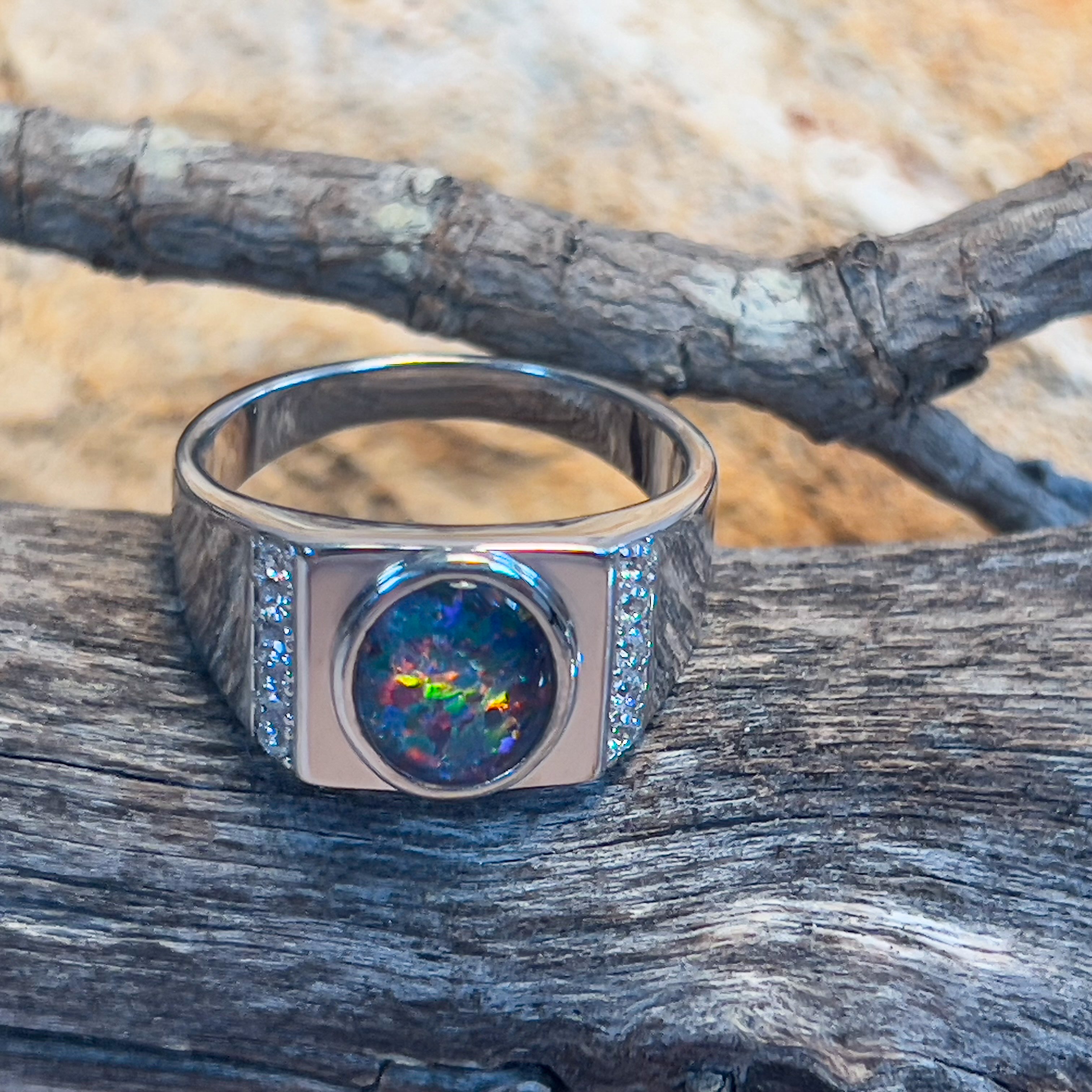 Sterling Silver 10x8mm Opal triplet bezel with cubic zirconia side set ring - Masterpiece Jewellery Opal & Gems Sydney Australia | Online Shop