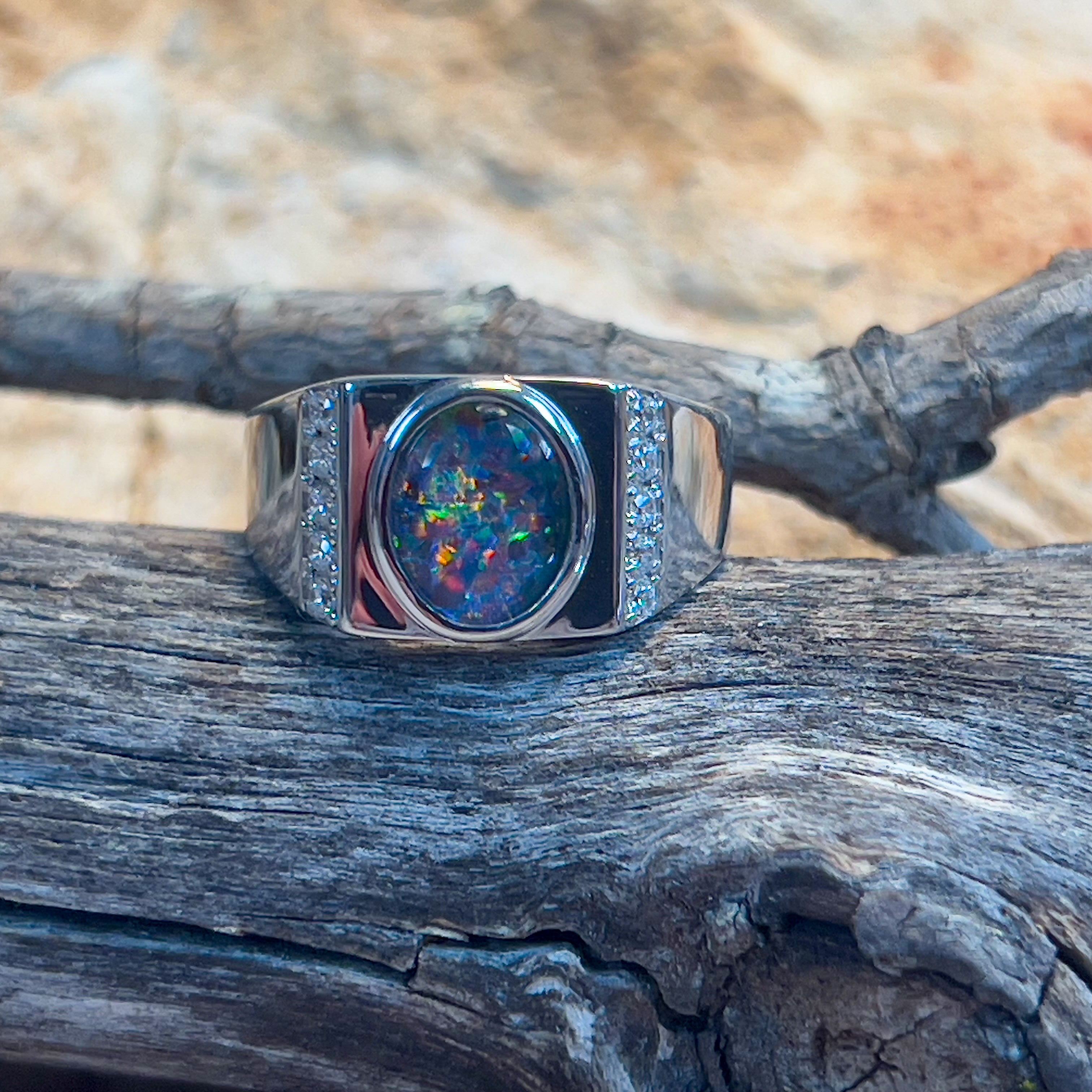 Sterling Silver 10x8mm Opal triplet bezel with cubic zirconia side set ring - Masterpiece Jewellery Opal & Gems Sydney Australia | Online Shop