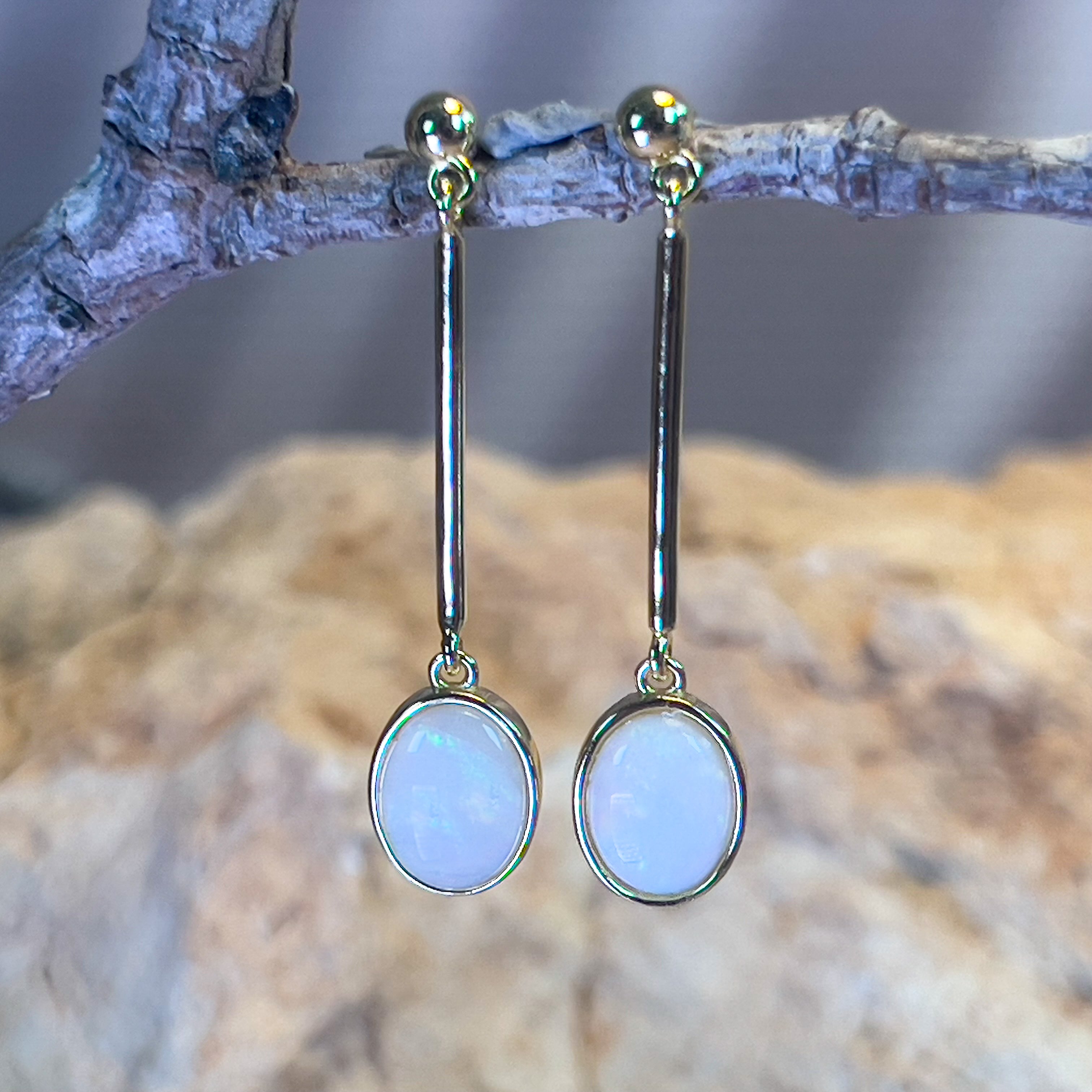 Gold Plated long bar dangling earrings with White Opals 9x7mm - Masterpiece Jewellery Opal & Gems Sydney Australia | Online Shop