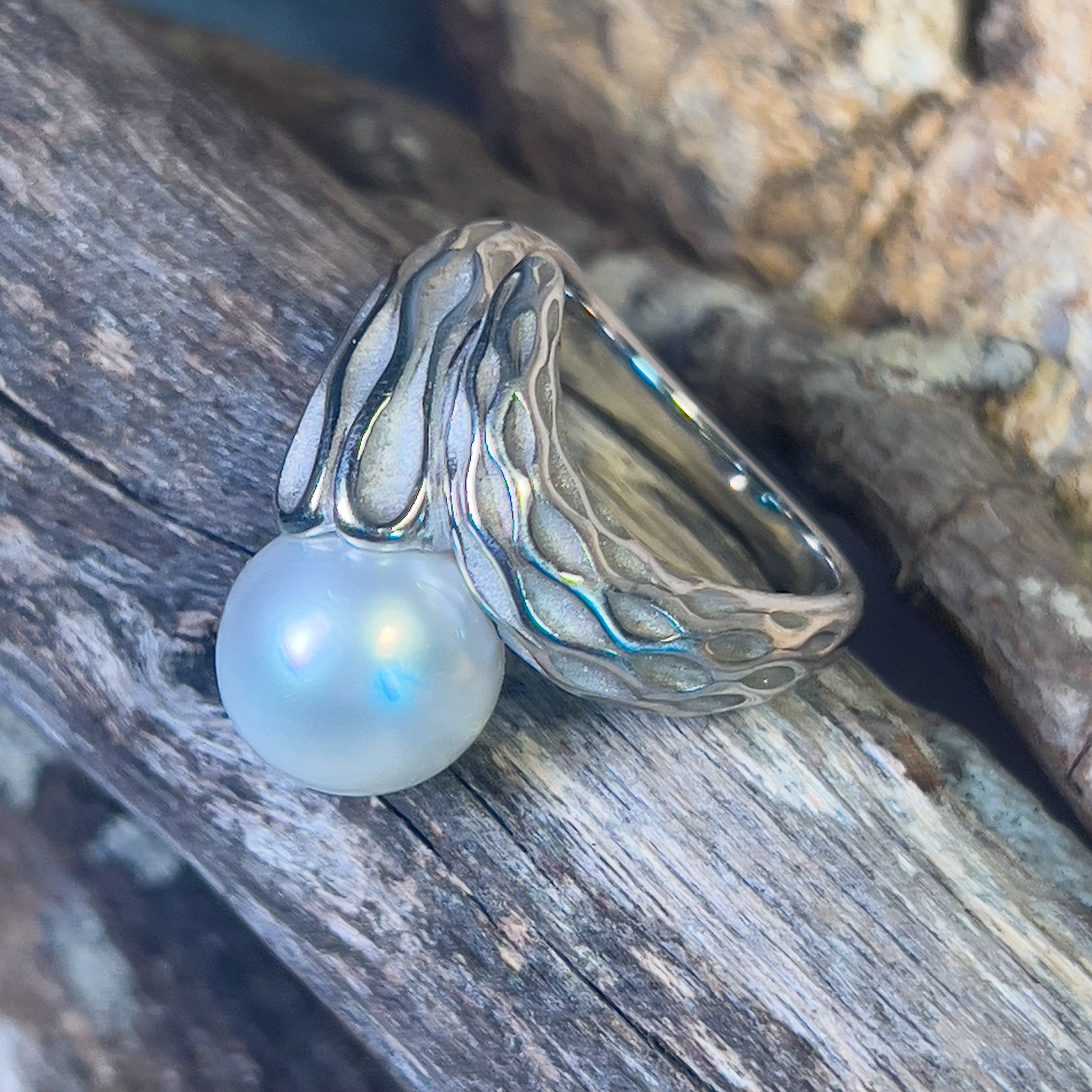 Sterling Silver cross over South Sea Pearl 10mm ring - Masterpiece Jewellery Opal & Gems Sydney Australia | Online Shop