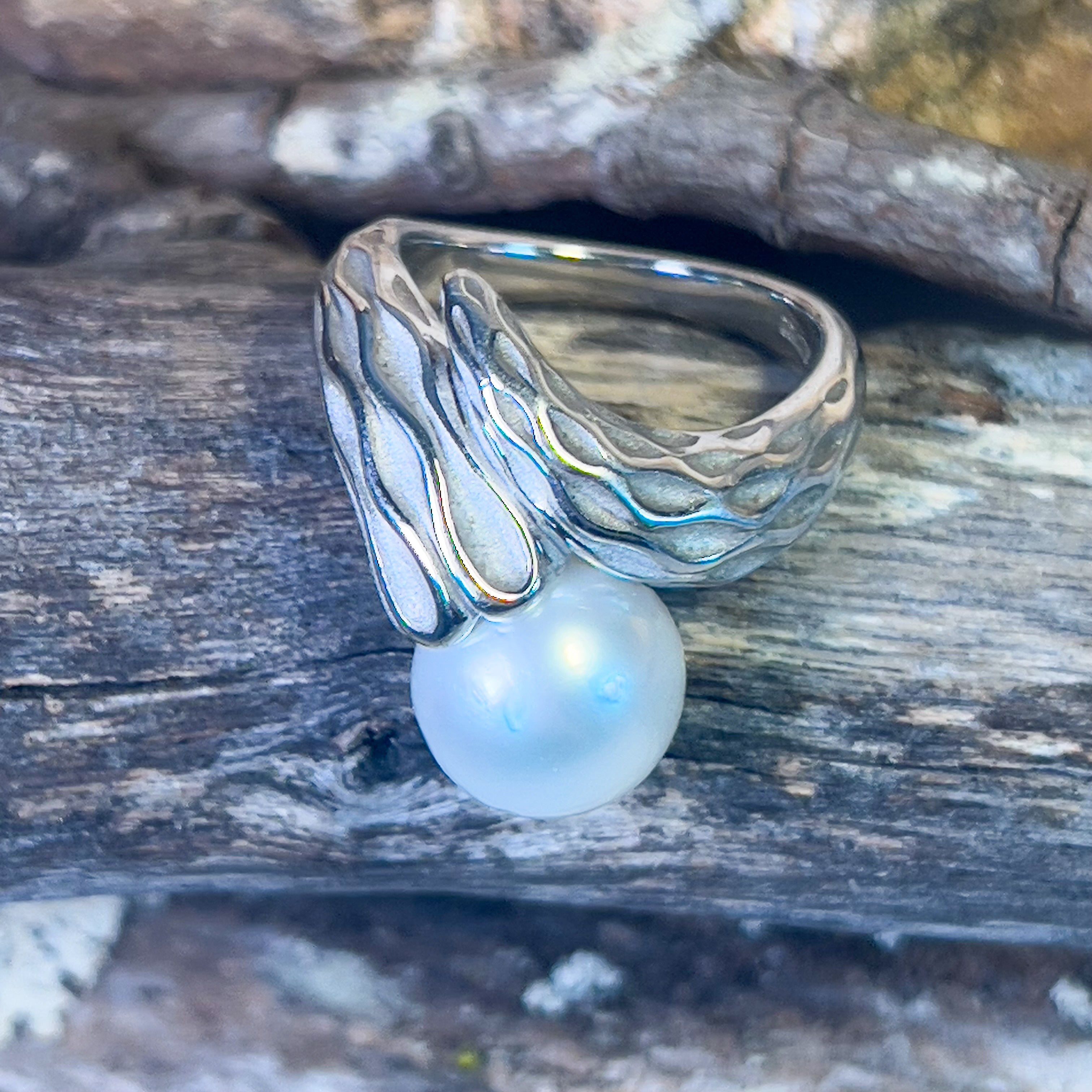 Sterling Silver cross over South Sea Pearl 10mm ring - Masterpiece Jewellery Opal & Gems Sydney Australia | Online Shop