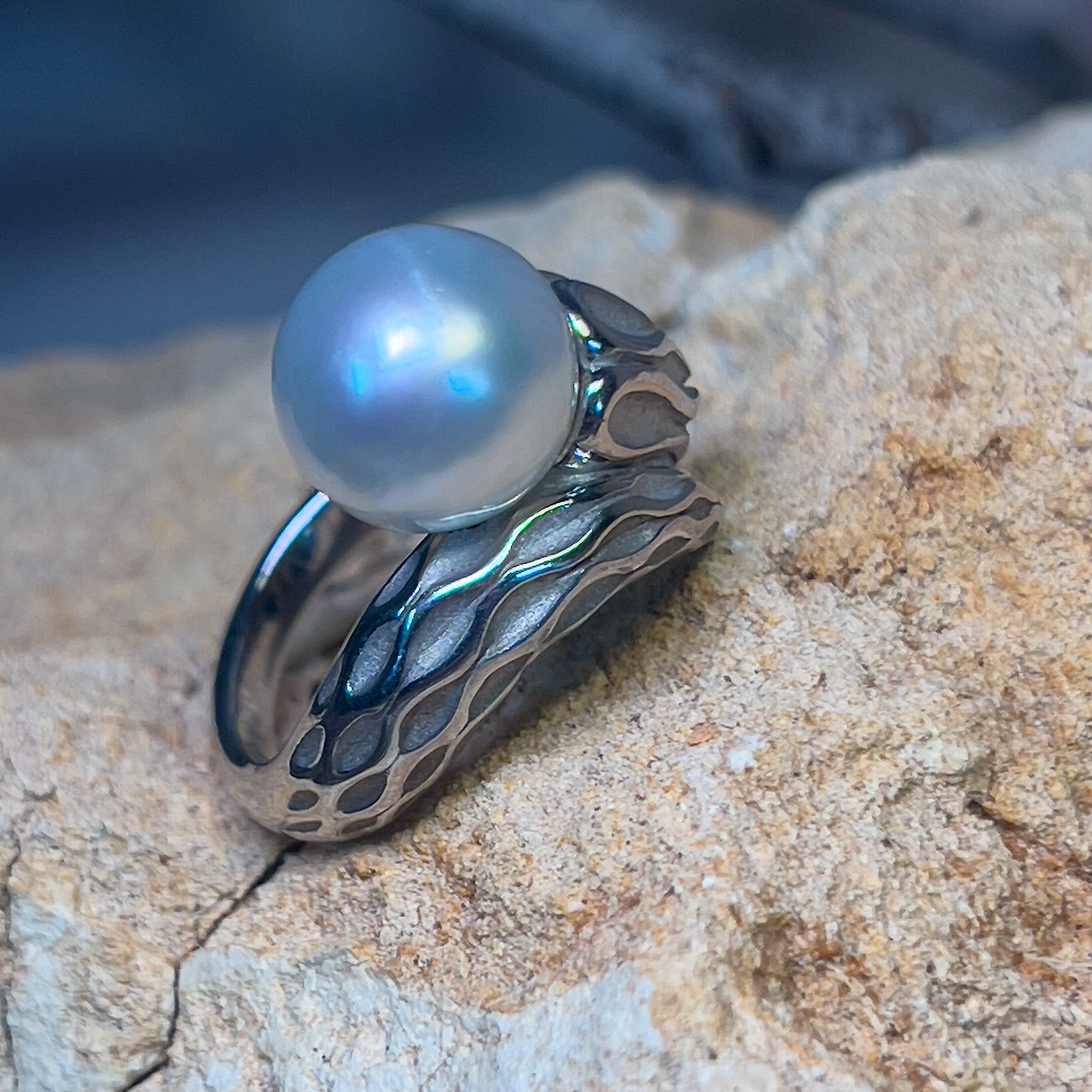 Sterling Silver cross over South Sea Pearl 10mm ring - Masterpiece Jewellery Opal & Gems Sydney Australia | Online Shop