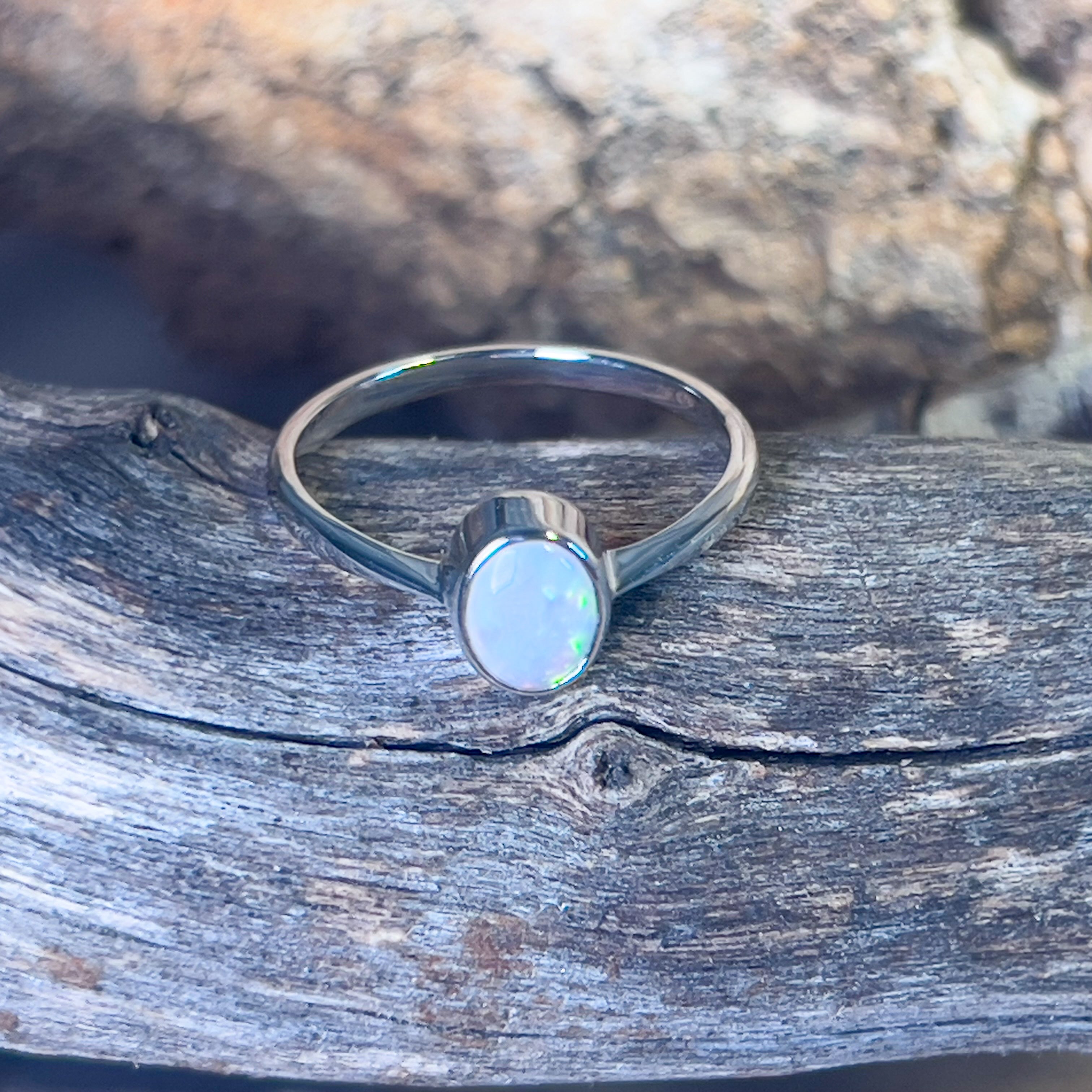 14kt White Gold 0.48ct crystal Opal solitaire bezel set ring - Masterpiece Jewellery Opal & Gems Sydney Australia | Online Shop