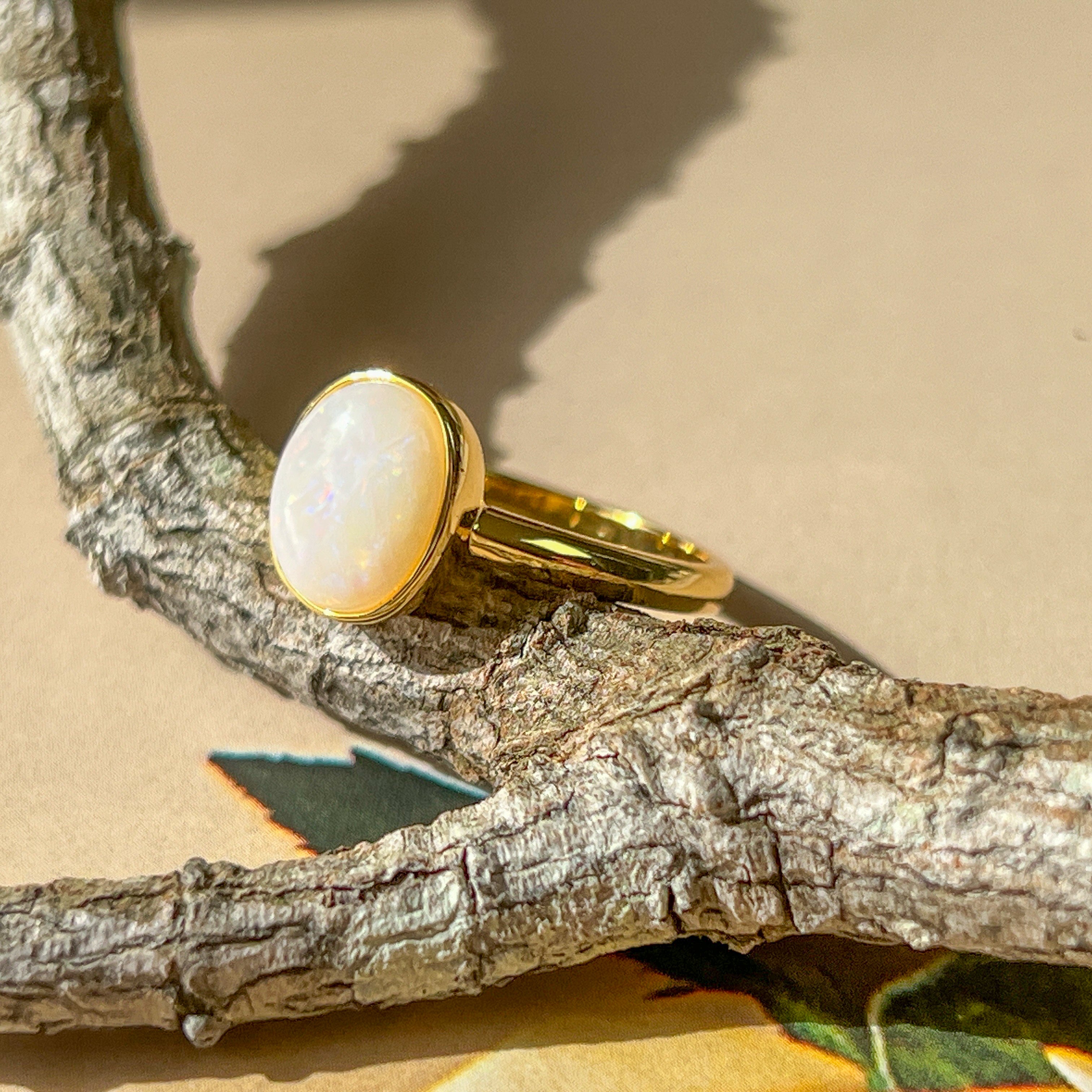 Gold-Plated Sterling Silver Ring - 10x8mm White Opal Solitaire, Bezel Set, Minimalist Gemstone Jewelry, Ideal Gift for Her - Masterpiece Jewellery Opal & Gems Sydney Australia | Online Shop