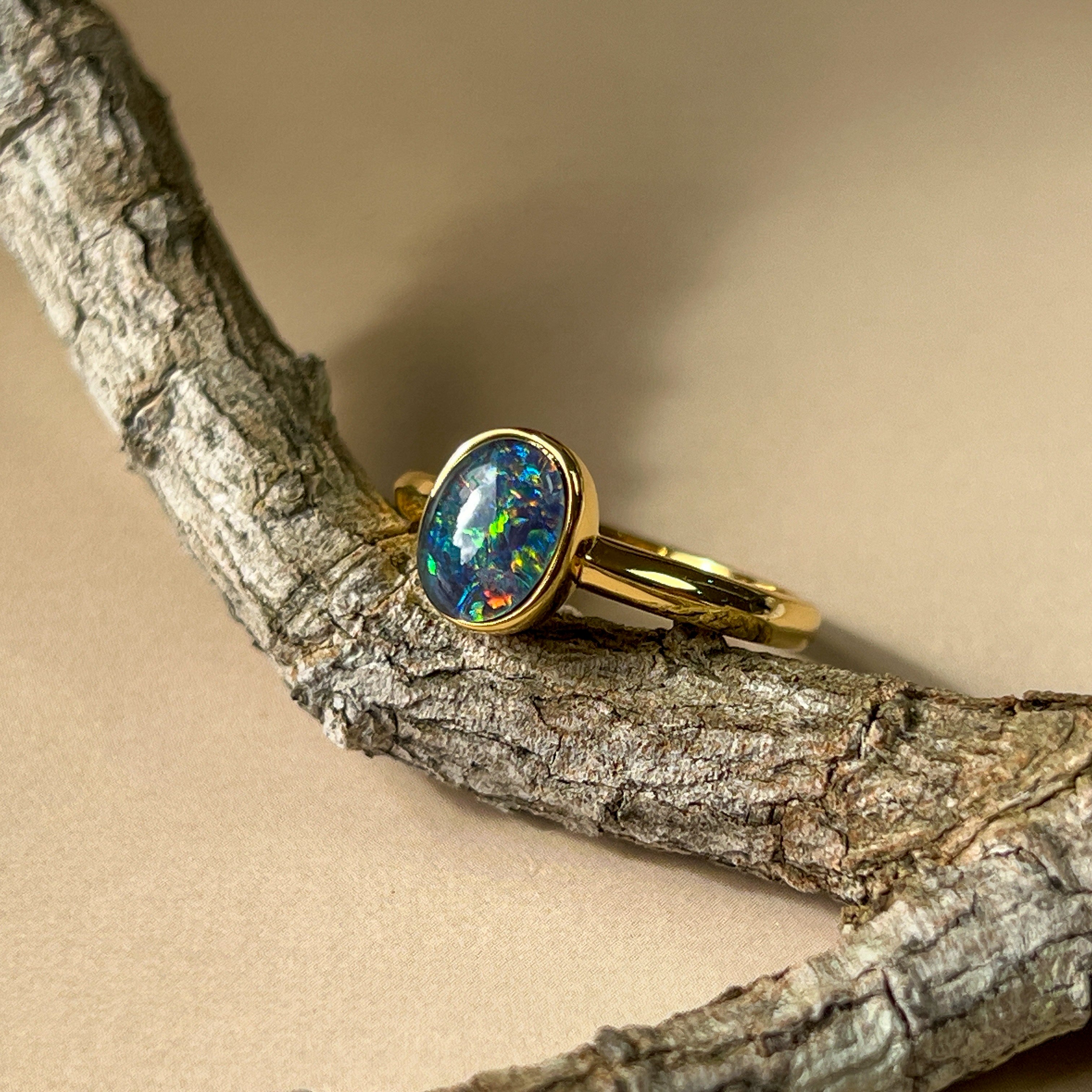One Gold plated sterling silver 8x6mm Triplet Opal ring bezel set - Masterpiece Jewellery Opal & Gems Sydney Australia | Online Shop