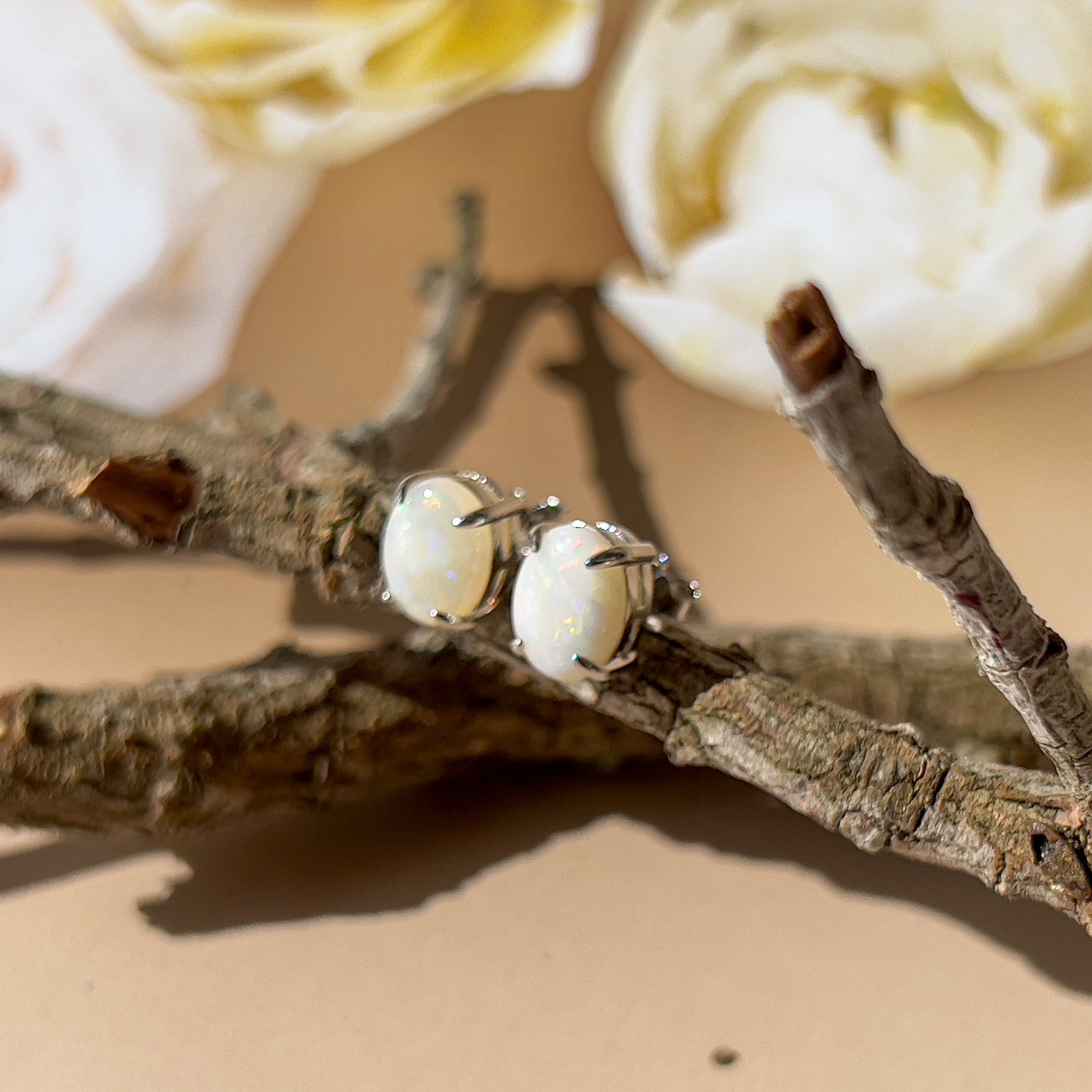 Sterling Silver White Opal studs 9x7mm - Masterpiece Jewellery Opal & Gems Sydney Australia | Online Shop