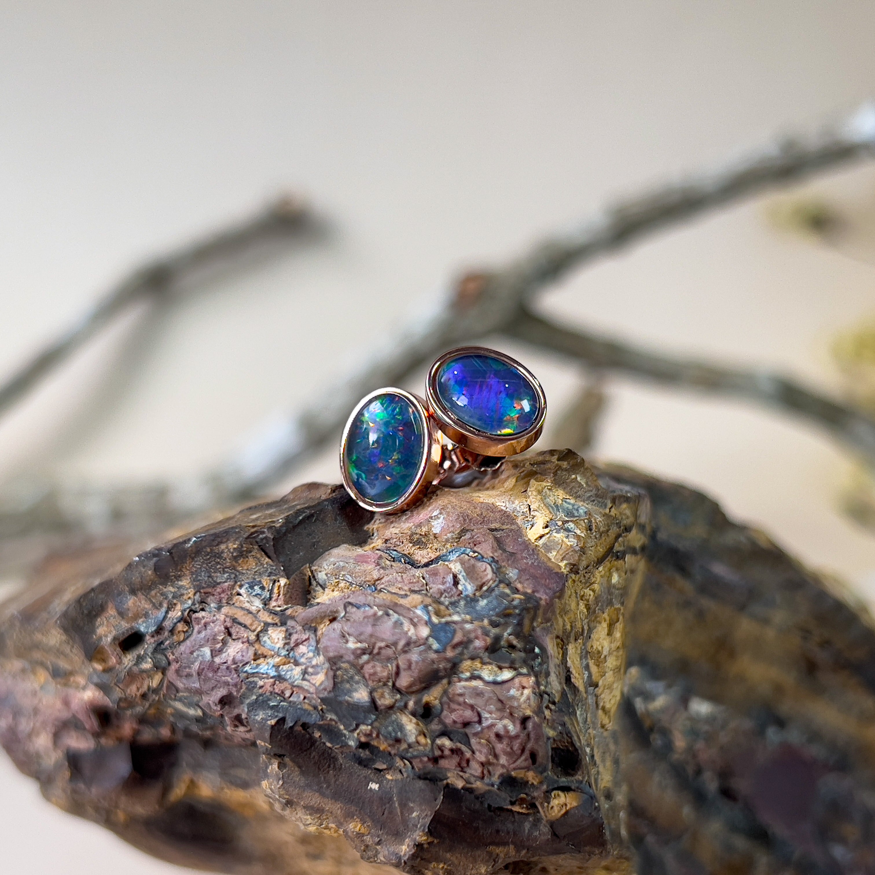 Pair of Rose Gold plated sterling silver 8x6mm Triplet Opal earrings bezel set - Masterpiece Jewellery Opal & Gems Sydney Australia | Online Shop