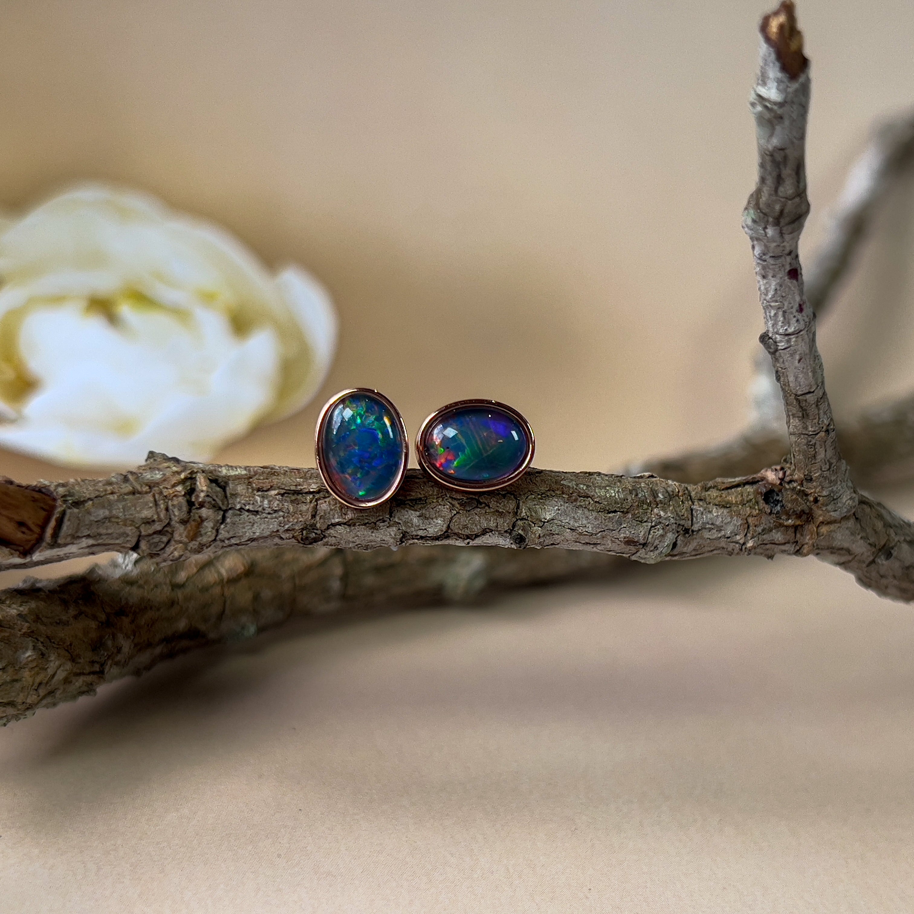 Pair of Rose Gold plated sterling silver 8x6mm Triplet Opal earrings bezel set - Masterpiece Jewellery Opal & Gems Sydney Australia | Online Shop