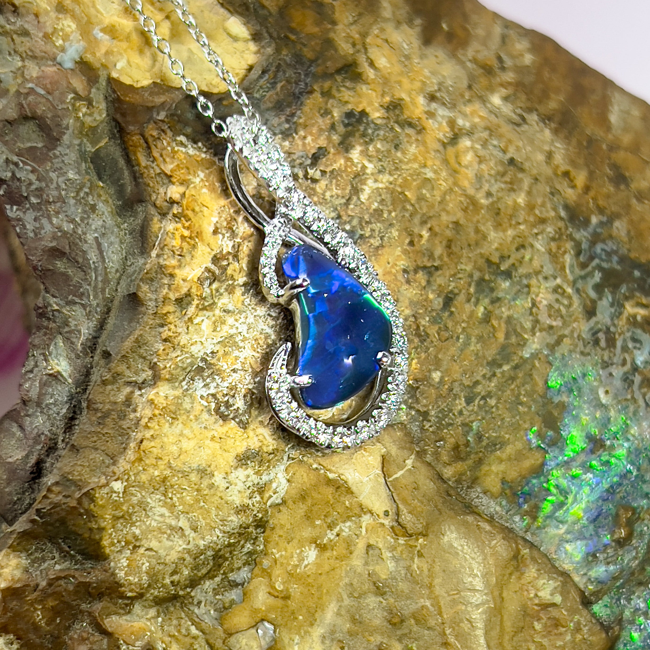 18kt White Gold Black Opal & Diamond Pendant - Exquisite Gold & Silver Opal Necklace Options, Dainty Opal Pendants - Masterpiece Jewellery Opal & Gems Sydney Australia | Online Shop