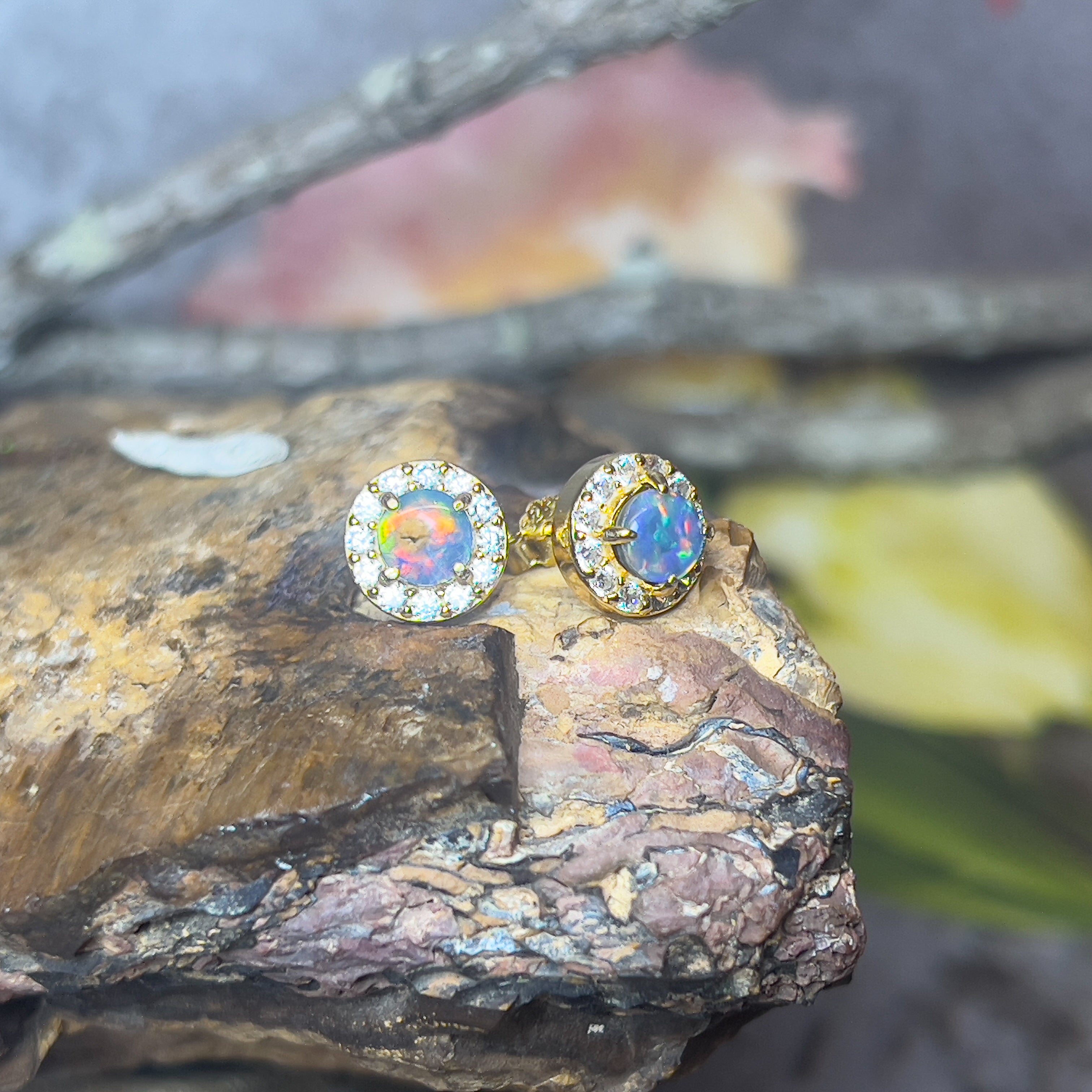 Gold Plated Sterling Silver 5mm Opal triplet halo earring studs - Masterpiece Jewellery Opal & Gems Sydney Australia | Online Shop
