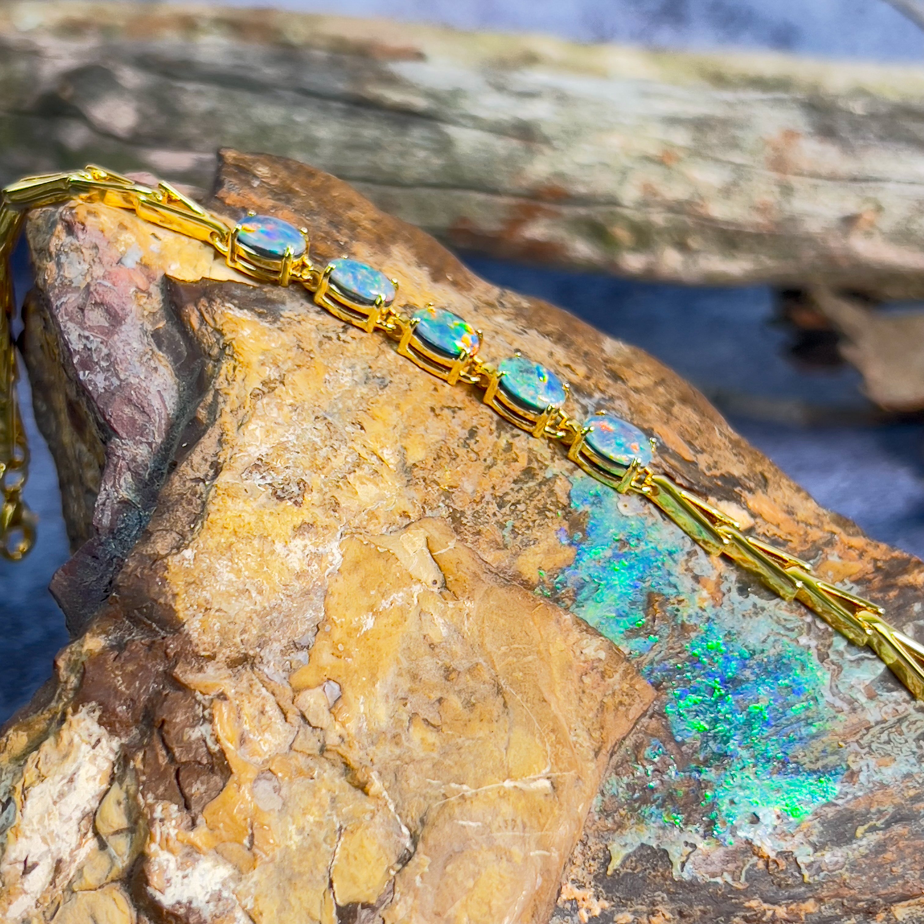 Gold Plated Sterling Silver Opal triplet 7x5mm triangular link shape bracelet - Masterpiece Jewellery Opal & Gems Sydney Australia | Online Shop