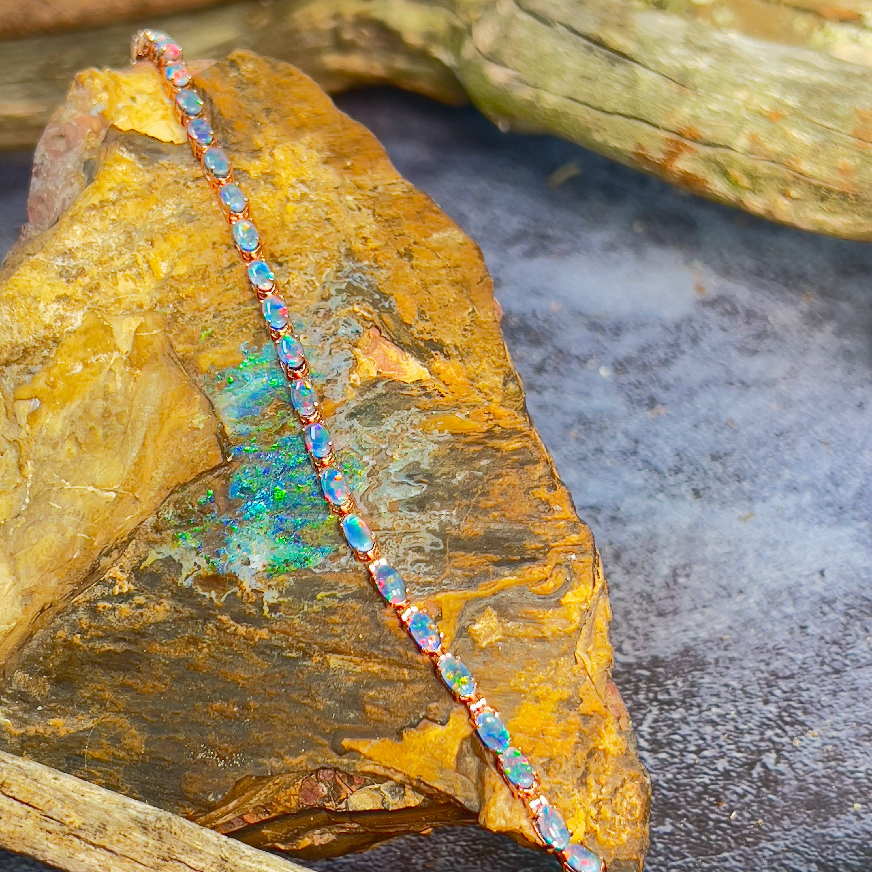Sterling Silver Rose Gold plated Opal tennis bracelet 5x3mm - Masterpiece Jewellery Opal & Gems Sydney Australia | Online Shop