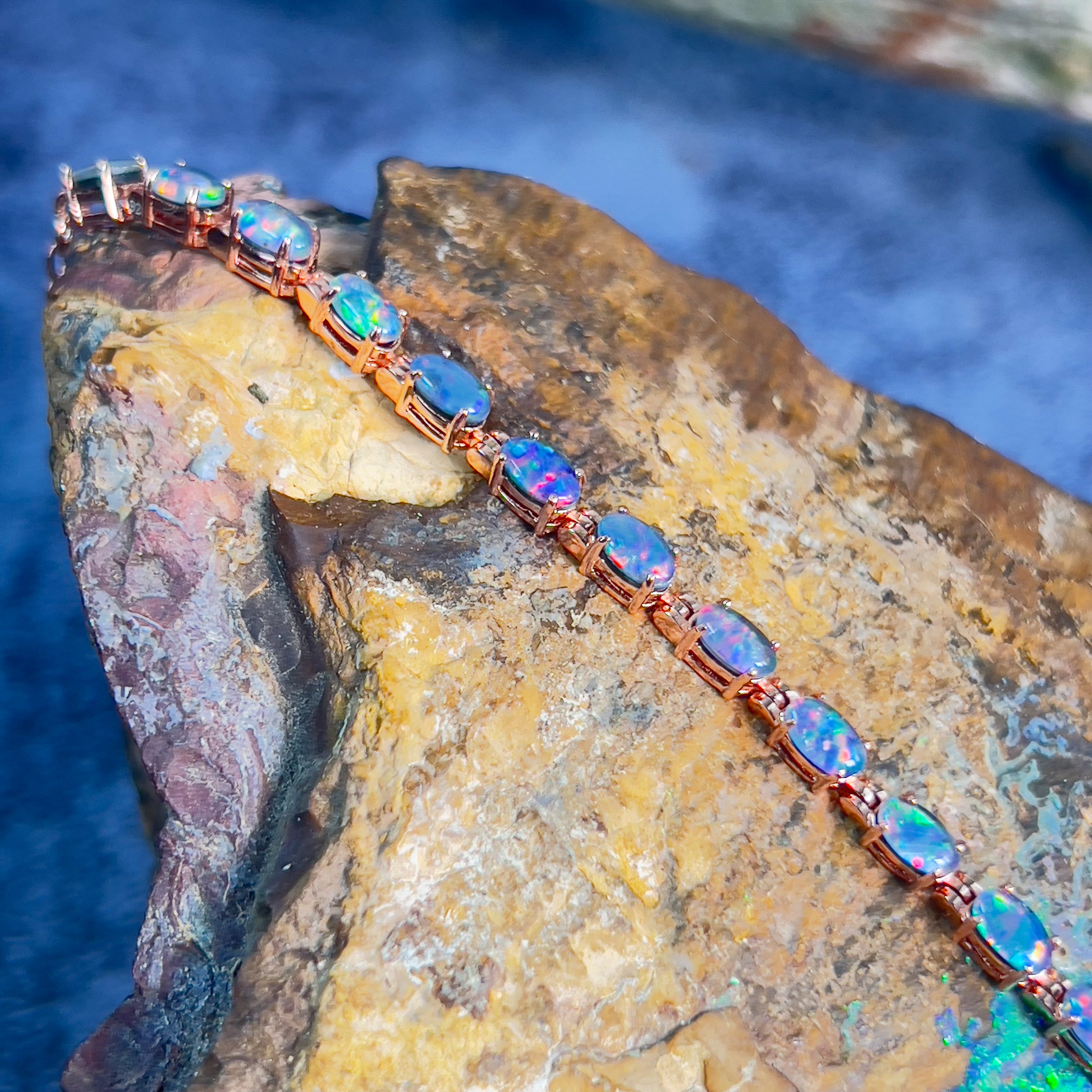 Sterling Silver Rose Gold plated Opal tennis bracelet 5x3mm - Masterpiece Jewellery Opal & Gems Sydney Australia | Online Shop