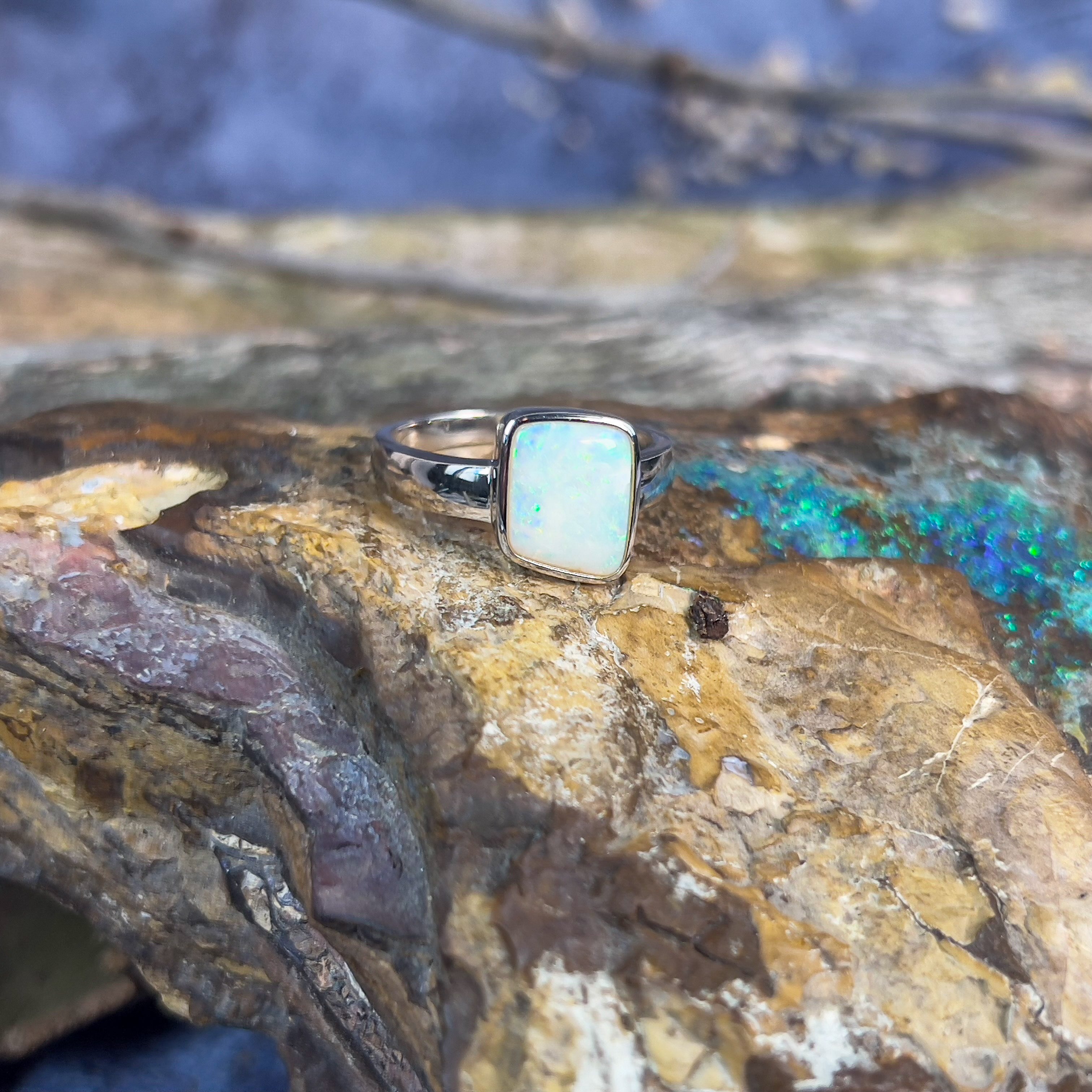 Sterling Silver square freeform White Opal 1.9ct ring - Masterpiece Jewellery Opal & Gems Sydney Australia | Online Shop