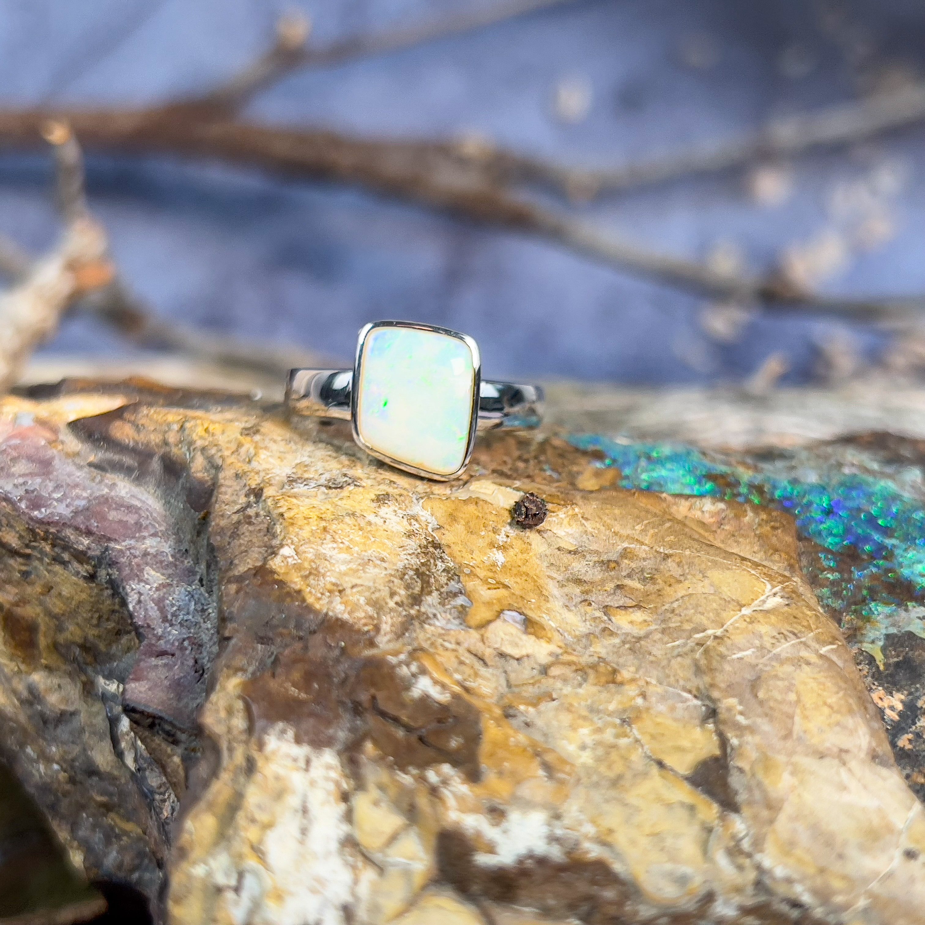 Sterling Silver square freeform White Opal 1.9ct ring - Masterpiece Jewellery Opal & Gems Sydney Australia | Online Shop
