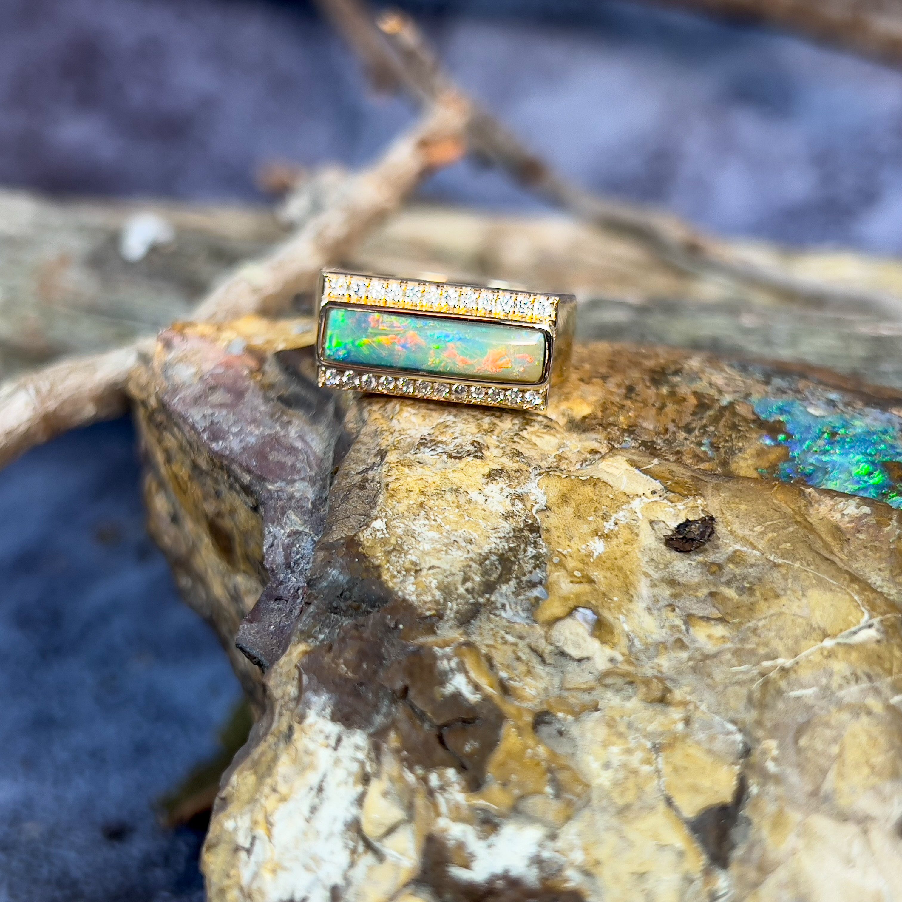 14kt Yellow Gold Boulder oPal 2.13ct and 0.25ct Diamond ring - Masterpiece Jewellery Opal & Gems Sydney Australia | Online Shop