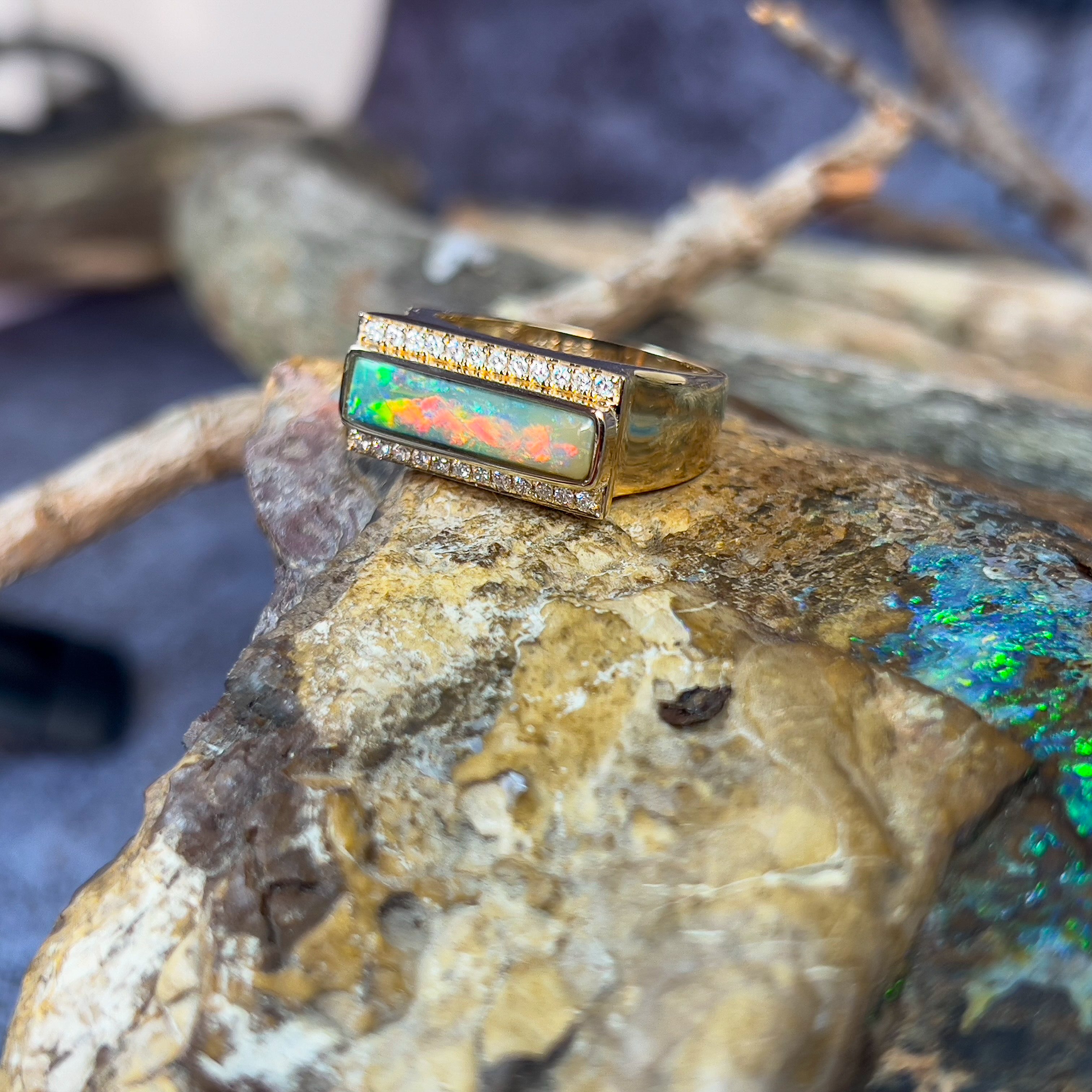 14kt Yellow Gold Boulder oPal 2.13ct and 0.25ct Diamond ring - Masterpiece Jewellery Opal & Gems Sydney Australia | Online Shop