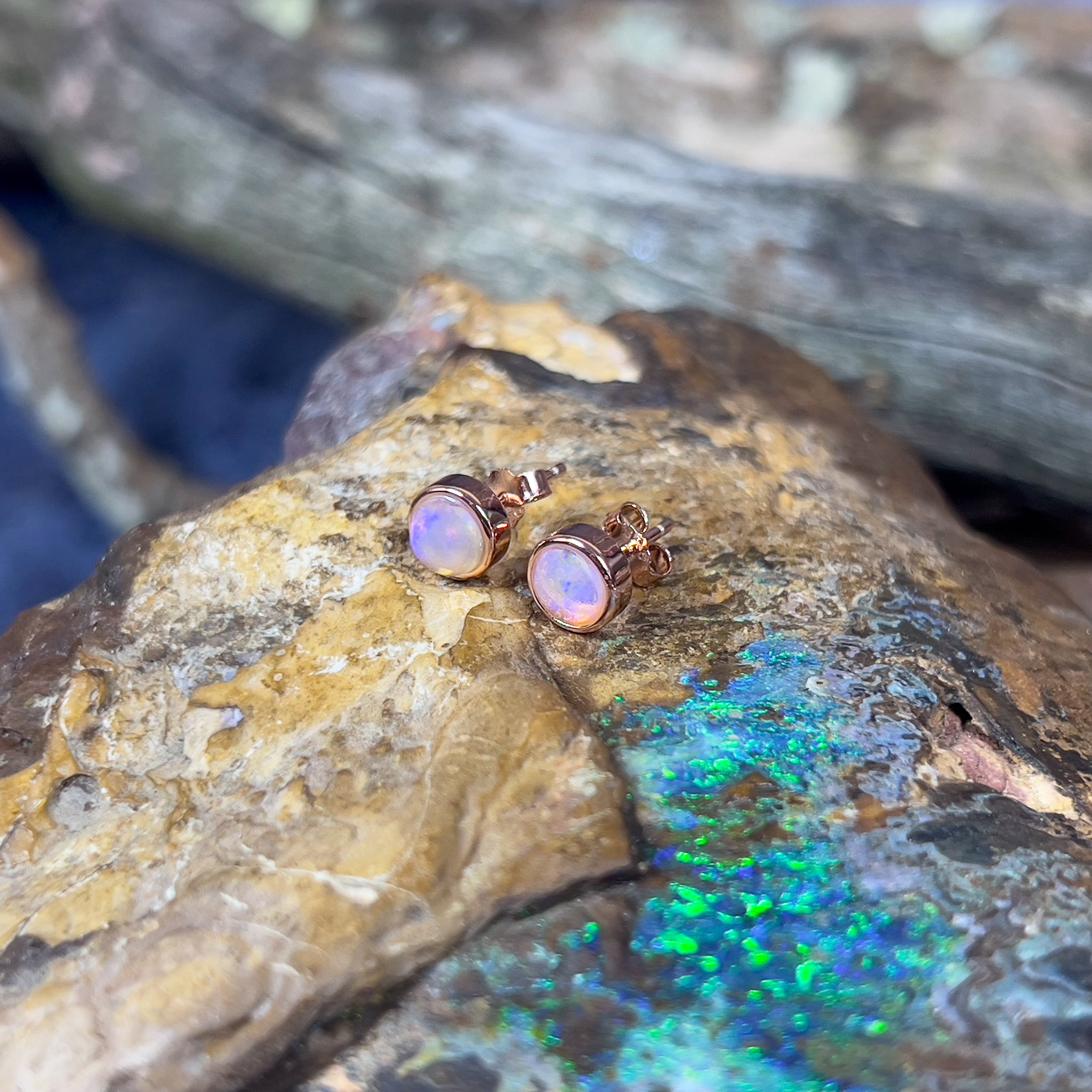 Silver Rose Gold plated 5mm Round Light Opal studs bezel set - Masterpiece Jewellery Opal & Gems Sydney Australia | Online Shop