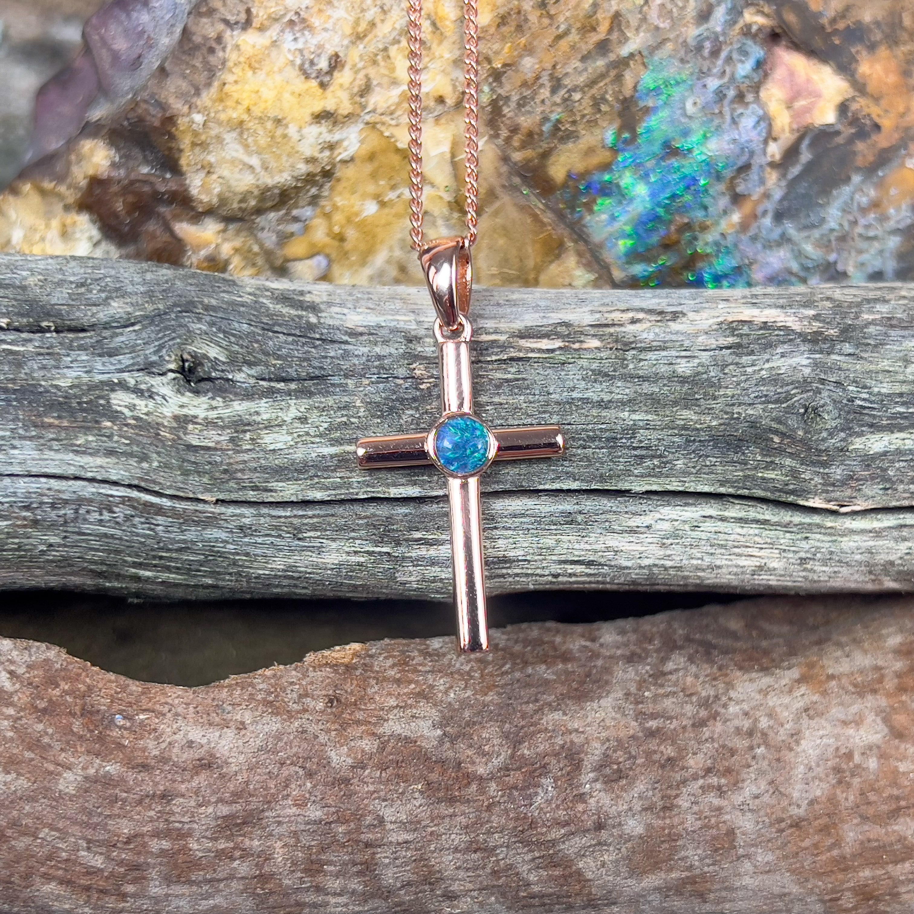 Silver Rose Gold plated 5mm Opal triplet cross pendant - Masterpiece Jewellery Opal & Gems Sydney Australia | Online Shop