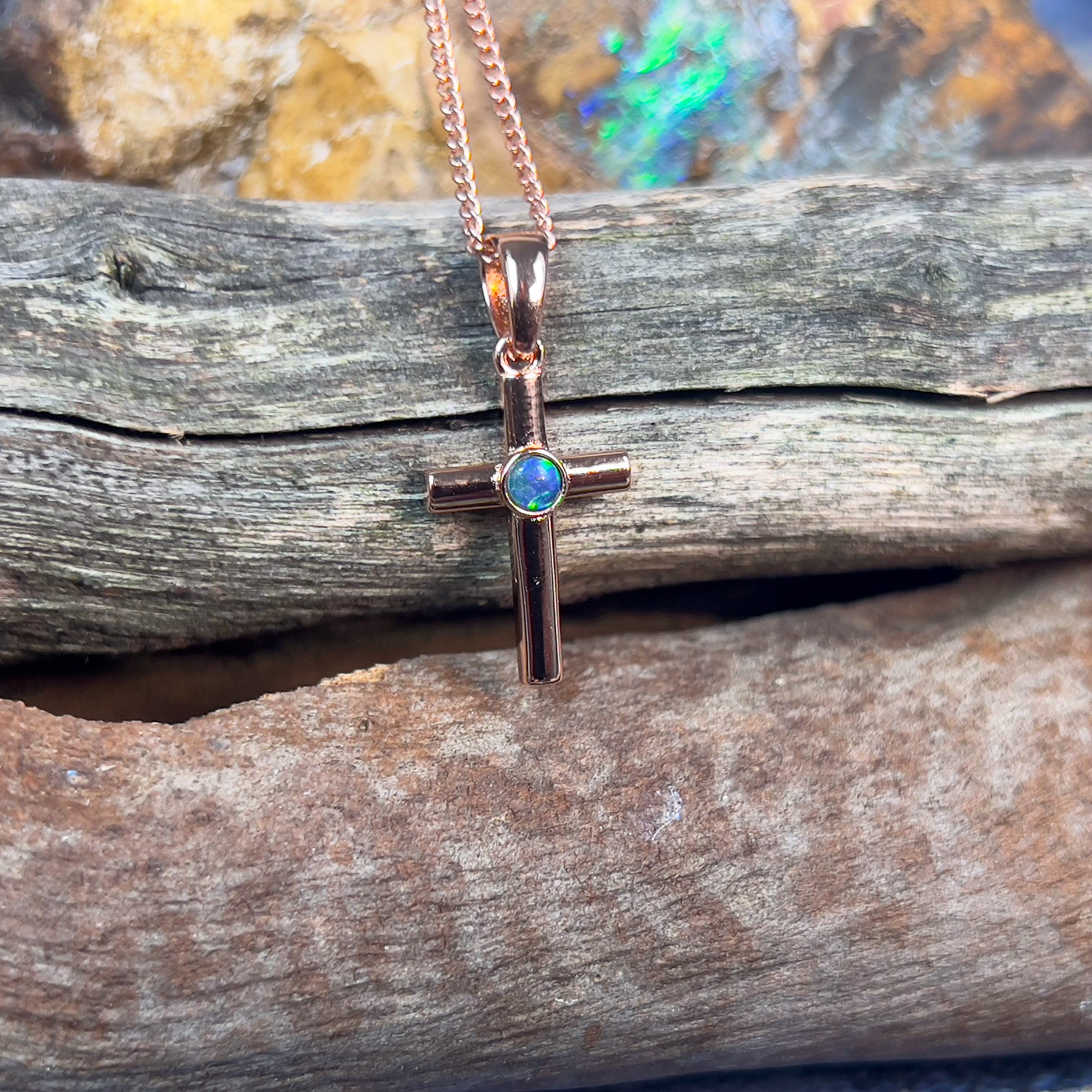 Sterling silver plated with Rose Gold Opal triplet 3mm cross - Masterpiece Jewellery Opal & Gems Sydney Australia | Online Shop
