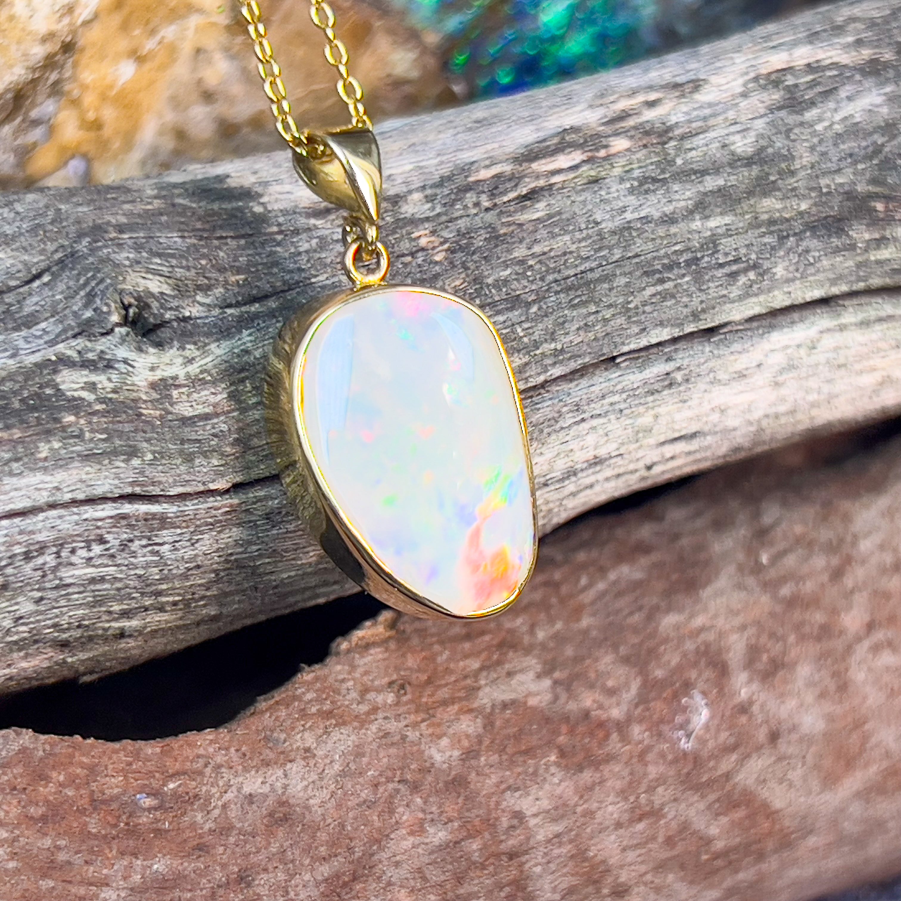 18kt Yellow Gold Freeform shape White Opal 4.88ct pendant - Masterpiece Jewellery Opal & Gems Sydney Australia | Online Shop