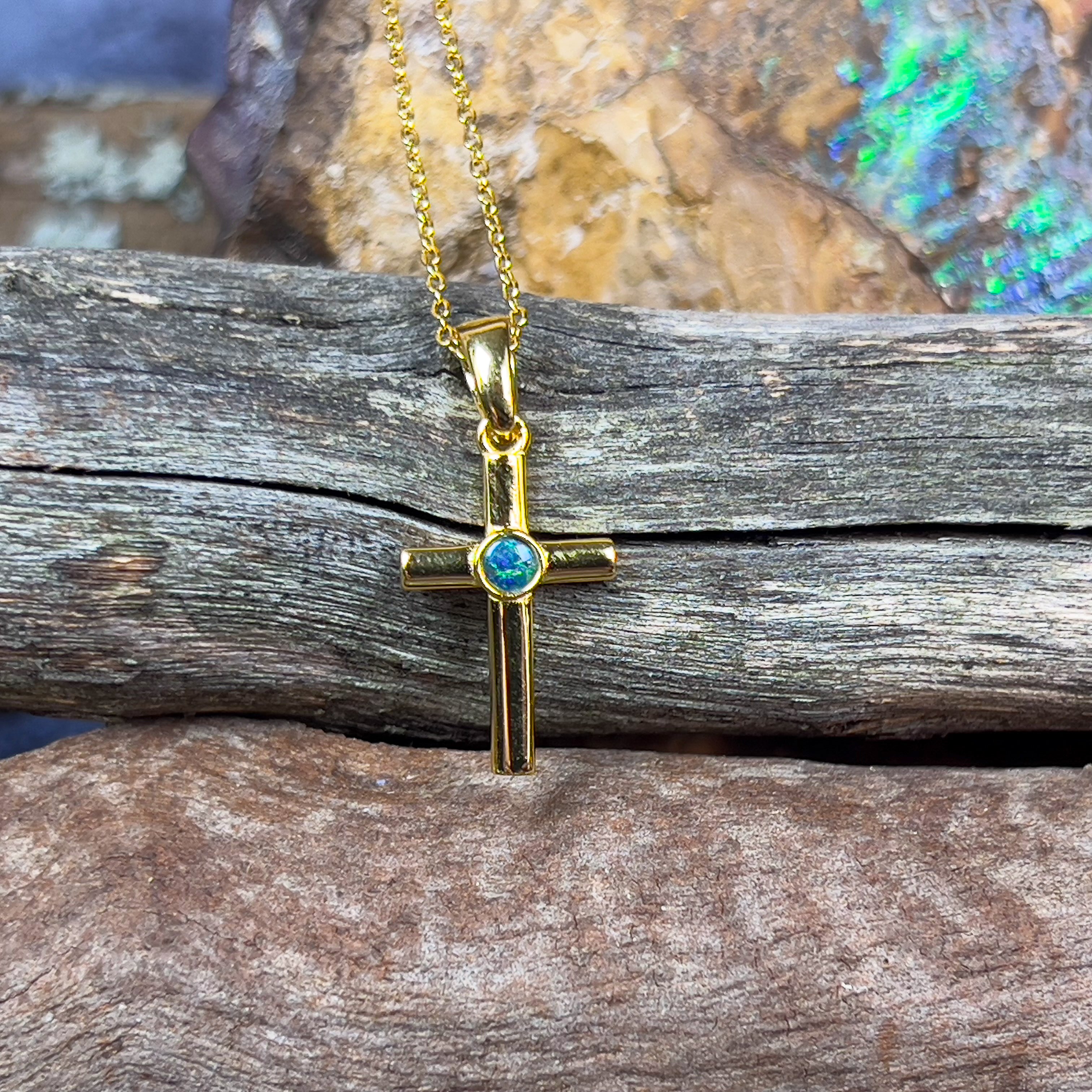 Small Silver Gold plated cross pendant with round 3mm Opal - Masterpiece Jewellery Opal & Gems Sydney Australia | Online Shop