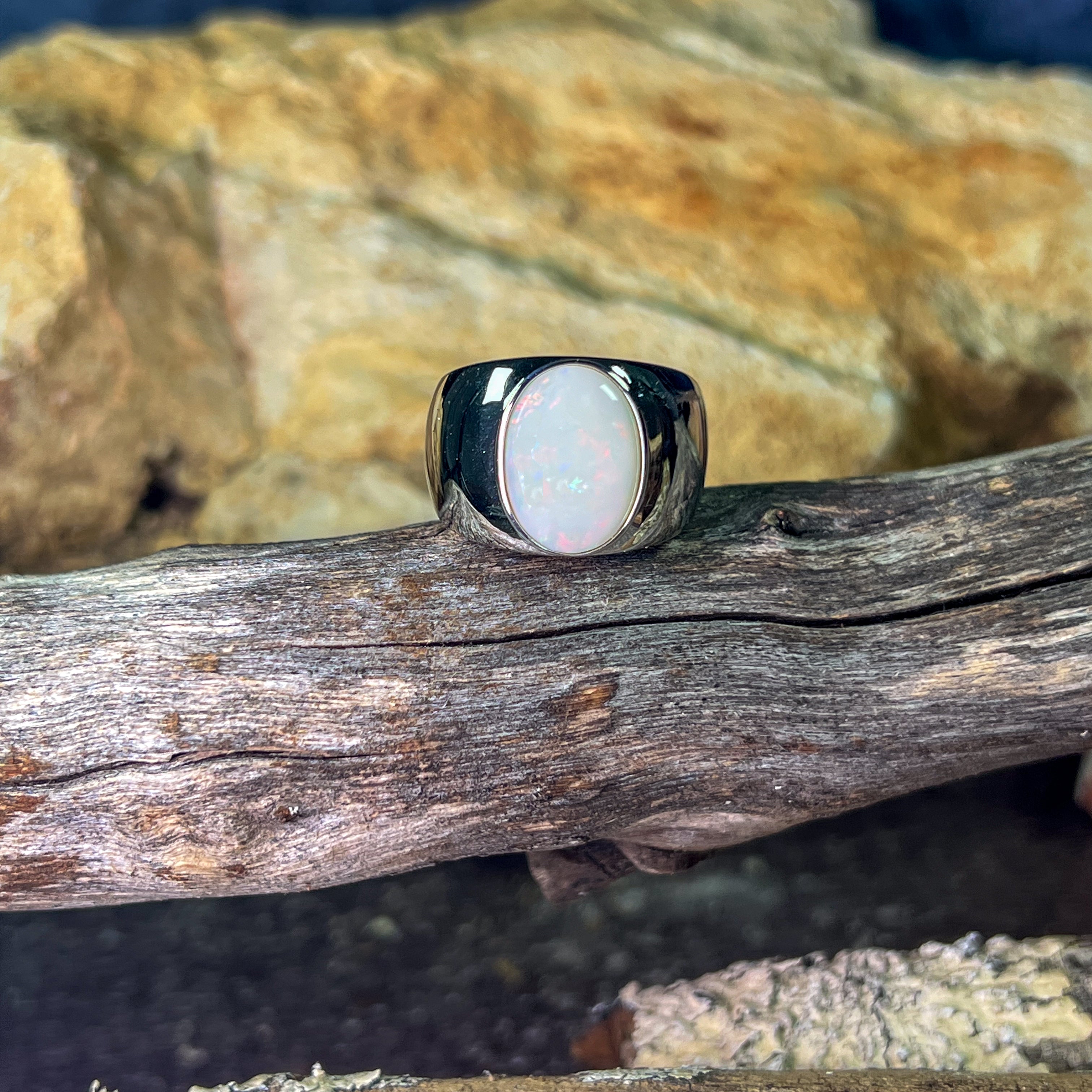 Sterling Silver broad White Opal solitaire ring
