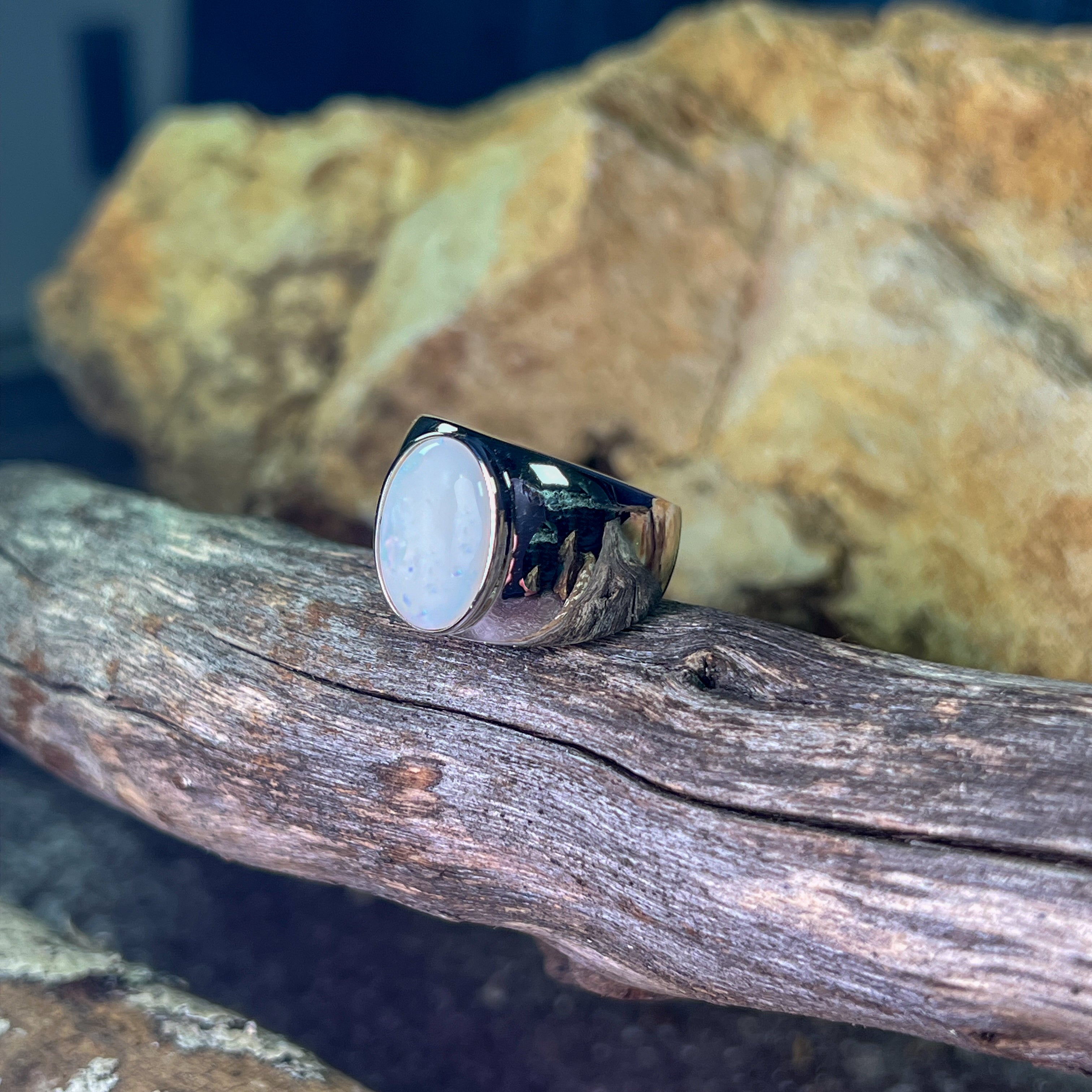 Sterling Silver broad White Opal solitaire ring