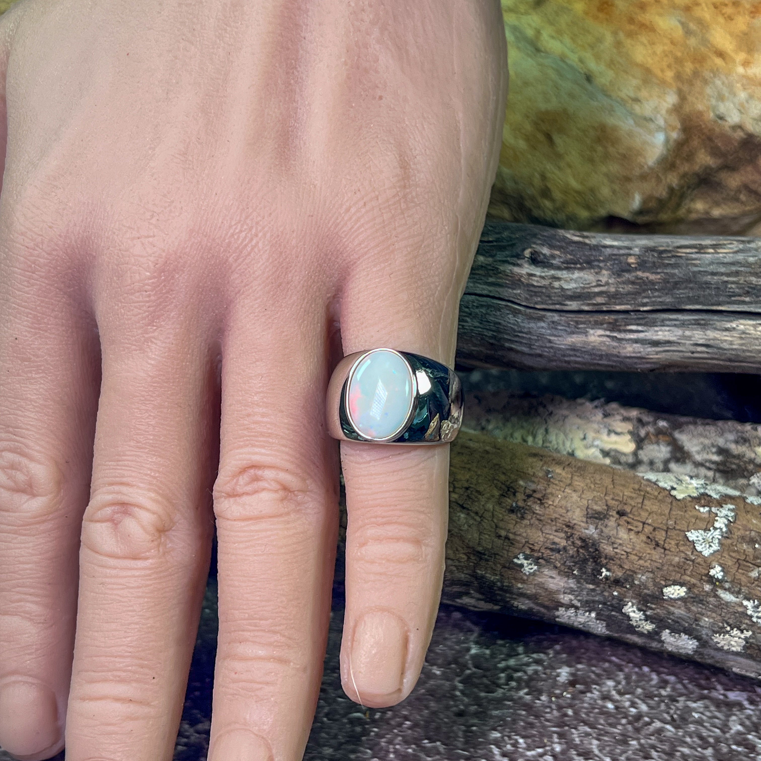 Sterling Silver broad White Opal solitaire ring