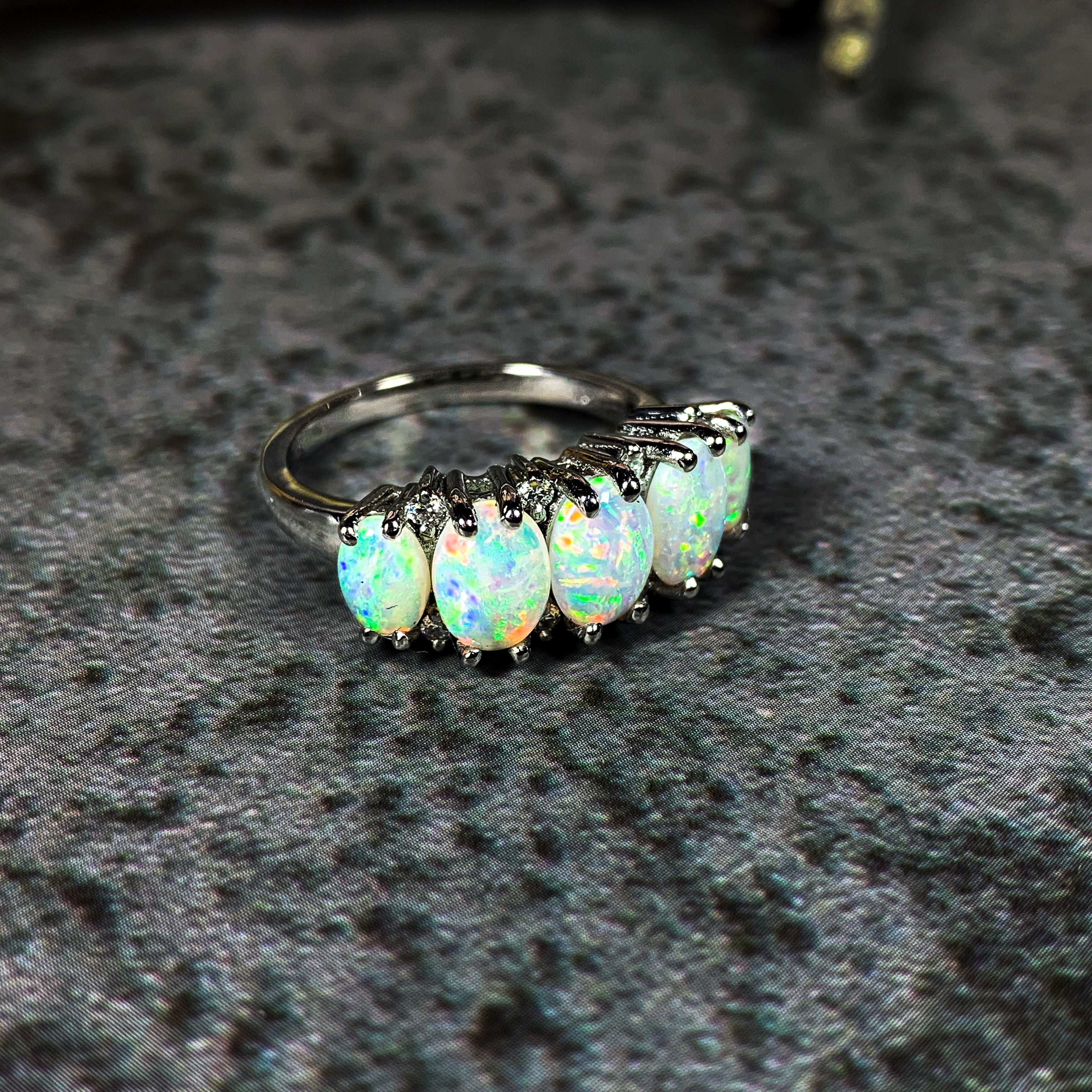 Platinum ring set with 5 Crystal Opal 2.6ct and diamond eternity style ring - Masterpiece Jewellery Opal & Gems Sydney Australia | Online Shop