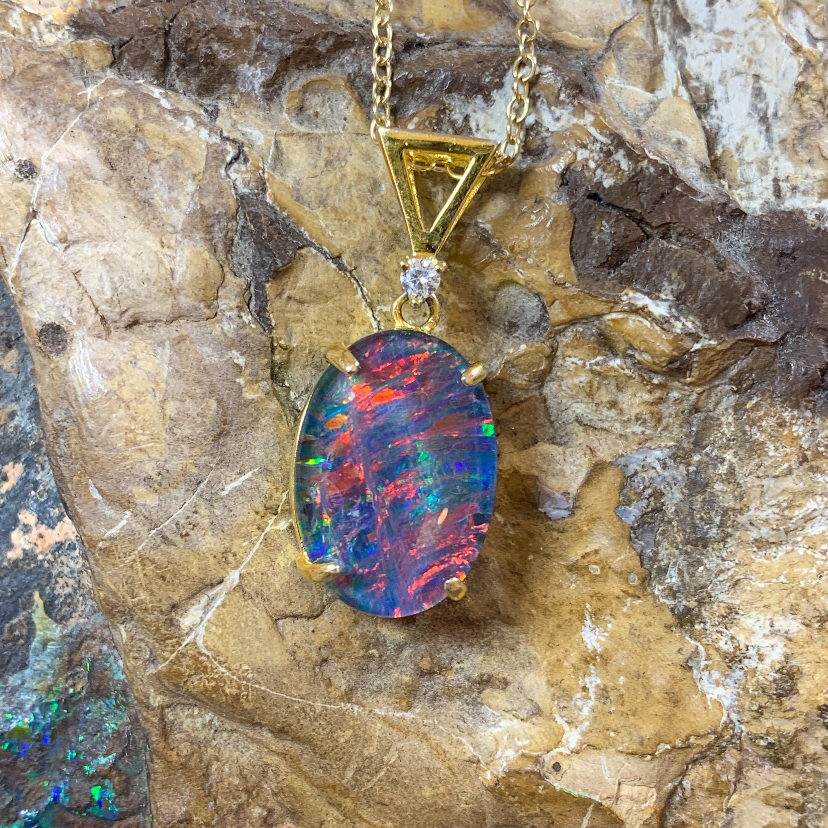 Sterling Silver Gold plated 14x10mm Opal triplet triangle loop pendant - Masterpiece Jewellery Opal & Gems Sydney Australia | Online Shop