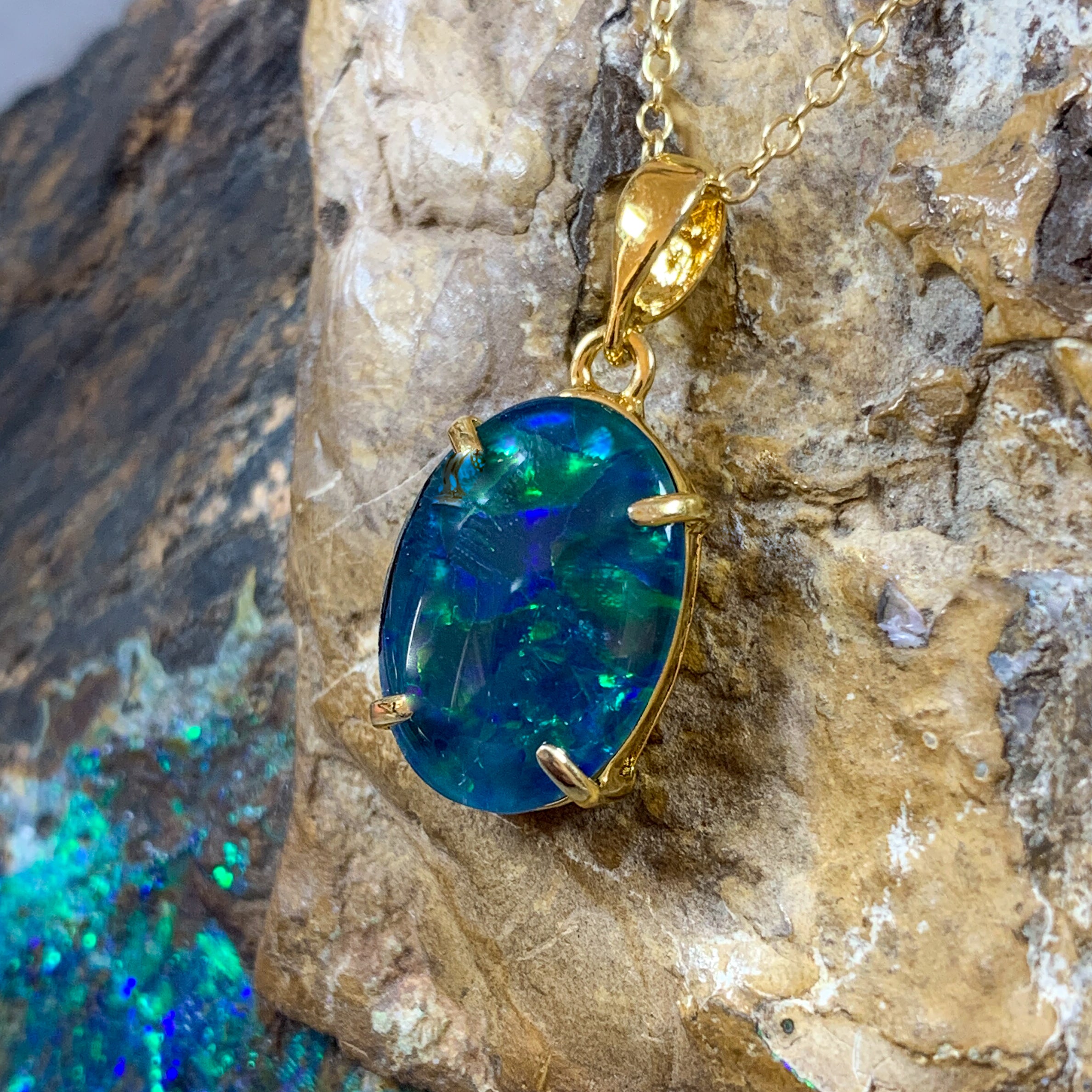 Gold plated Sterling Silver 14x10mm Opal triplet 4 claw set - Masterpiece Jewellery Opal & Gems Sydney Australia | Online Shop