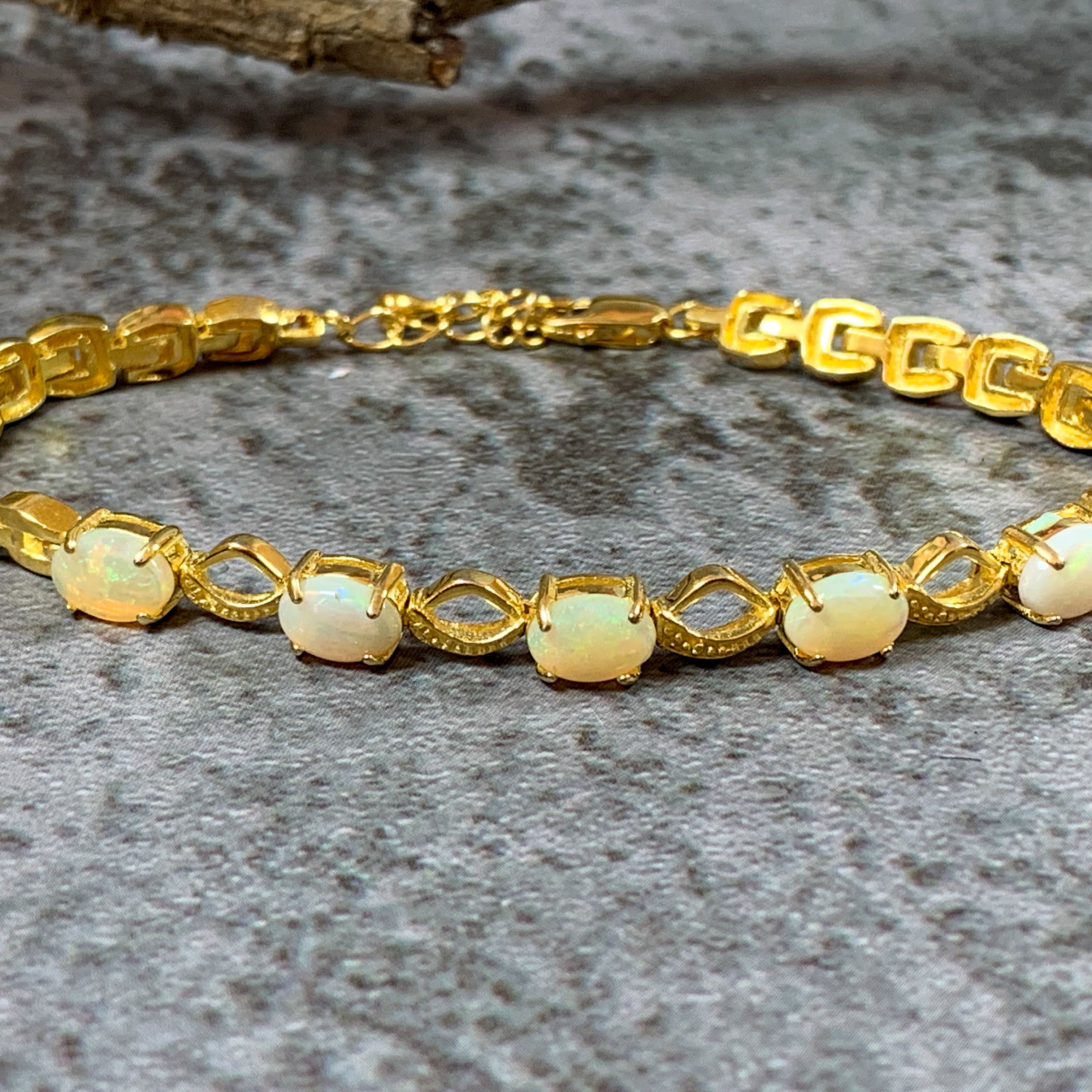 Gold Plated Sterling Silver patterned bracelet with 7x5mm White Opals - Masterpiece Jewellery Opal & Gems Sydney Australia | Online Shop