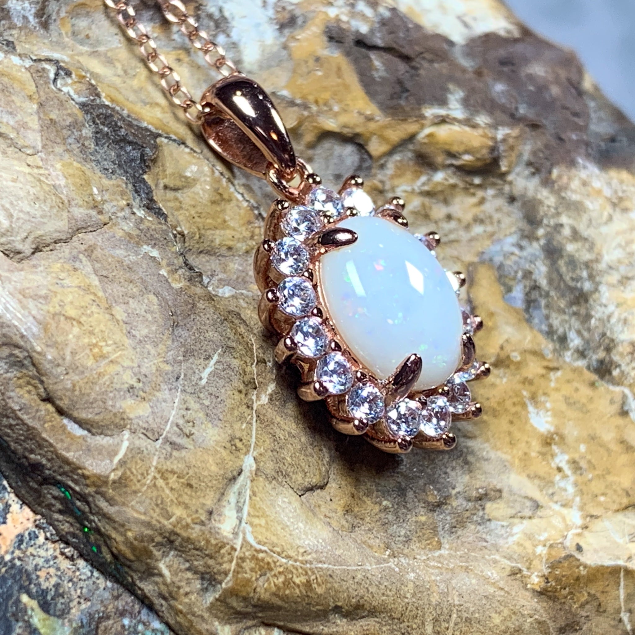 Rose Gold plated silver cluster 9x7mm White Opal pendant - Masterpiece Jewellery Opal & Gems Sydney Australia | Online Shop