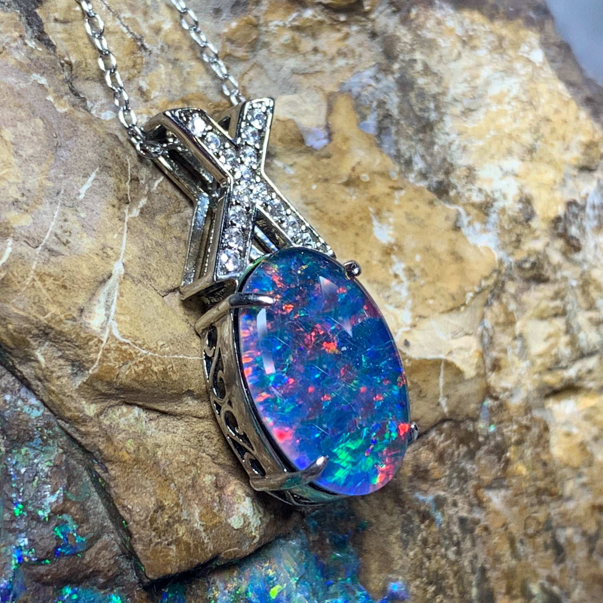 Sterling Silver Opal necklace Triplet 14x10mm cross loop - Masterpiece Jewellery Opal & Gems Sydney Australia | Online Shop