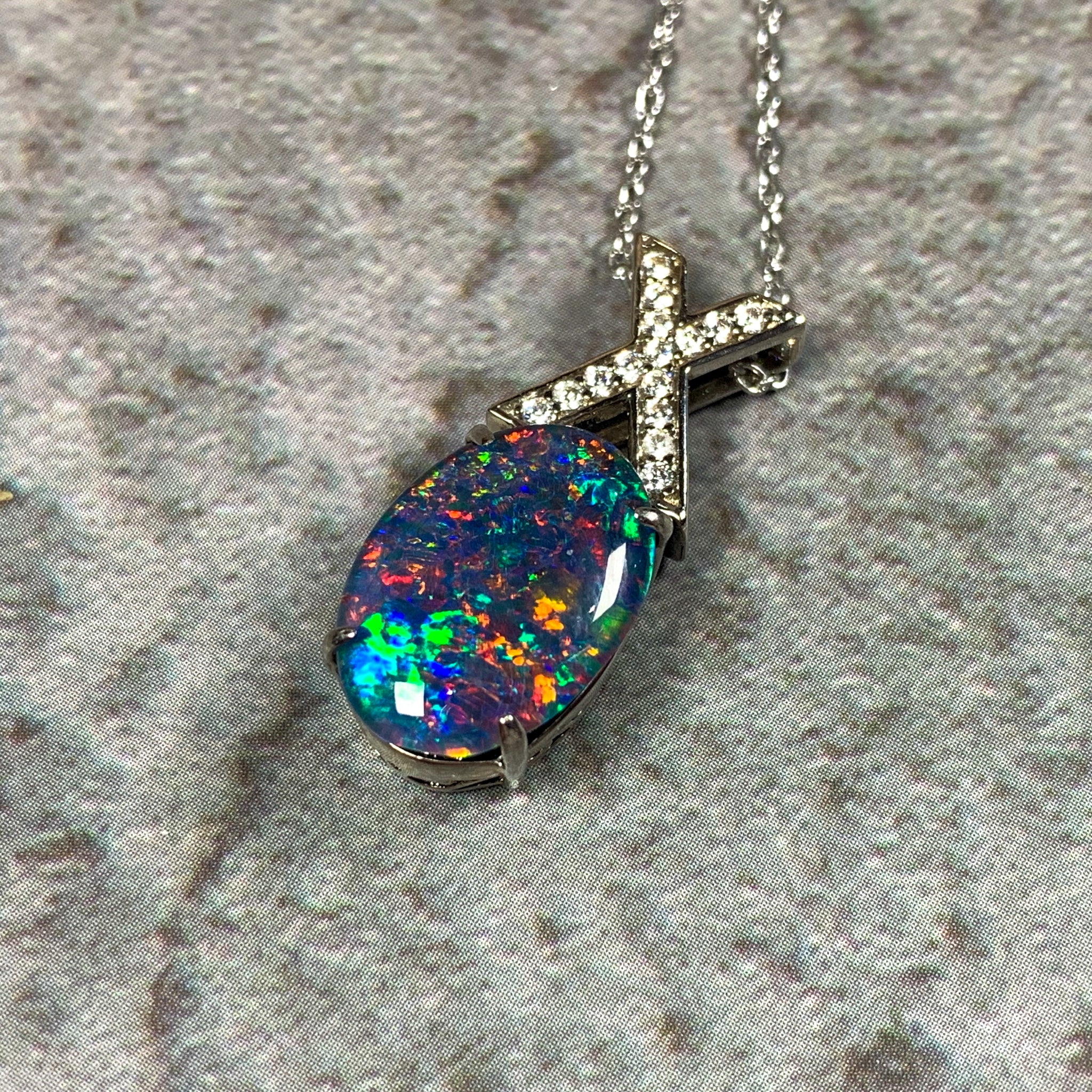 Sterling Silver Opal necklace Triplet 14x10mm cross loop - Masterpiece Jewellery Opal & Gems Sydney Australia | Online Shop