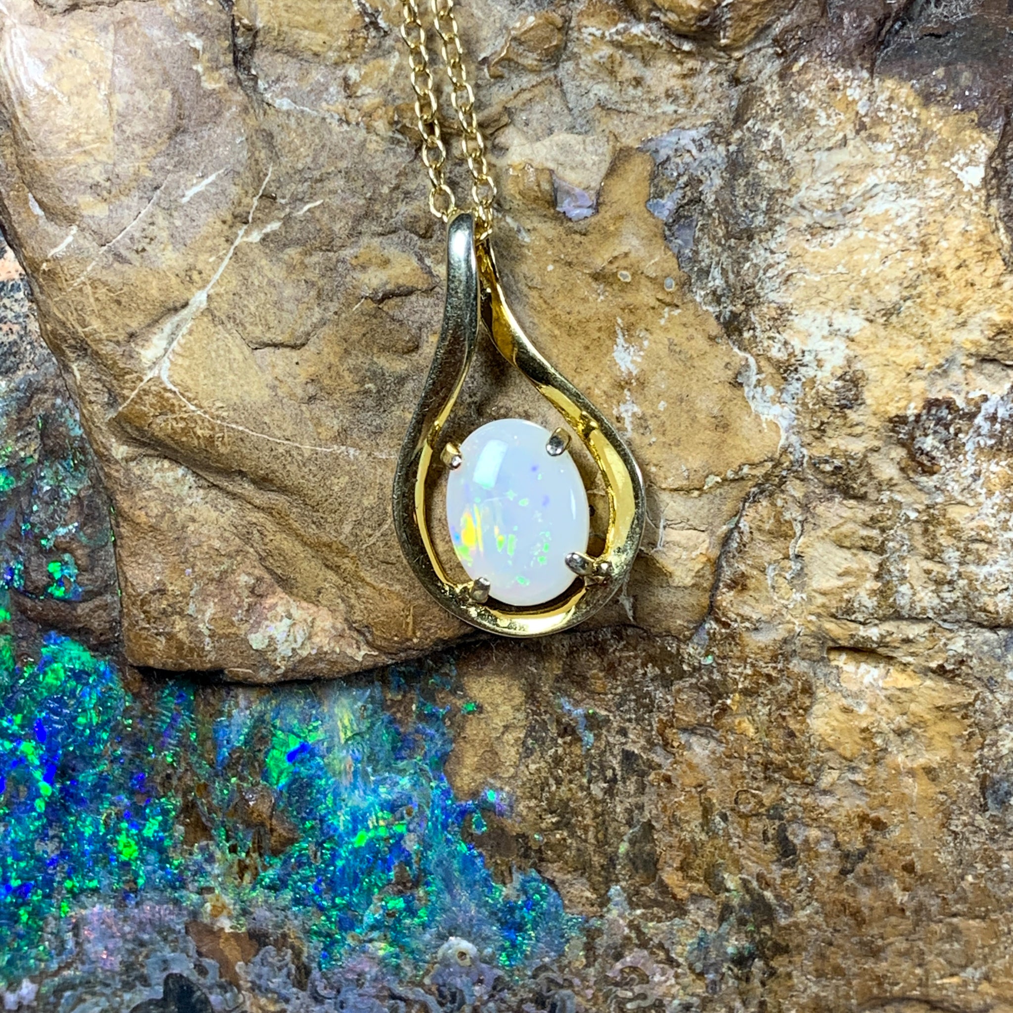 Gold Plated 8x6mm White Opal teardrop loop design pendant - Masterpiece Jewellery Opal & Gems Sydney Australia | Online Shop