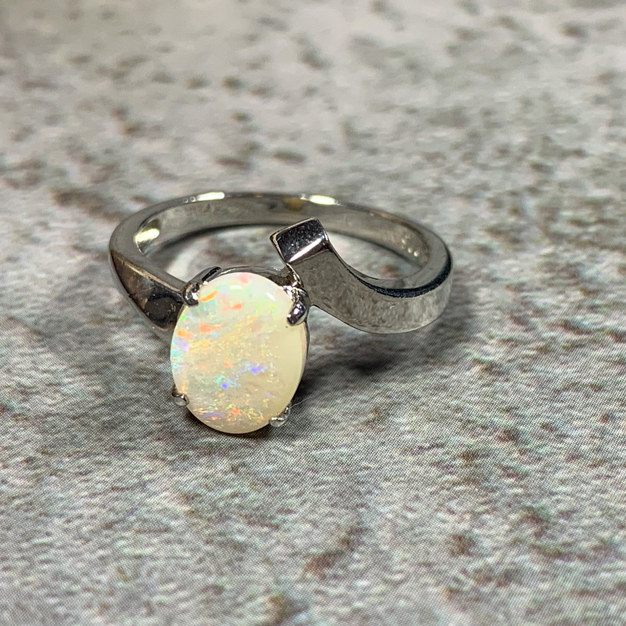 Sterling Silver White Opal split shank slanted ring with Opal 9x7mm - Masterpiece Jewellery Opal & Gems Sydney Australia | Online Shop