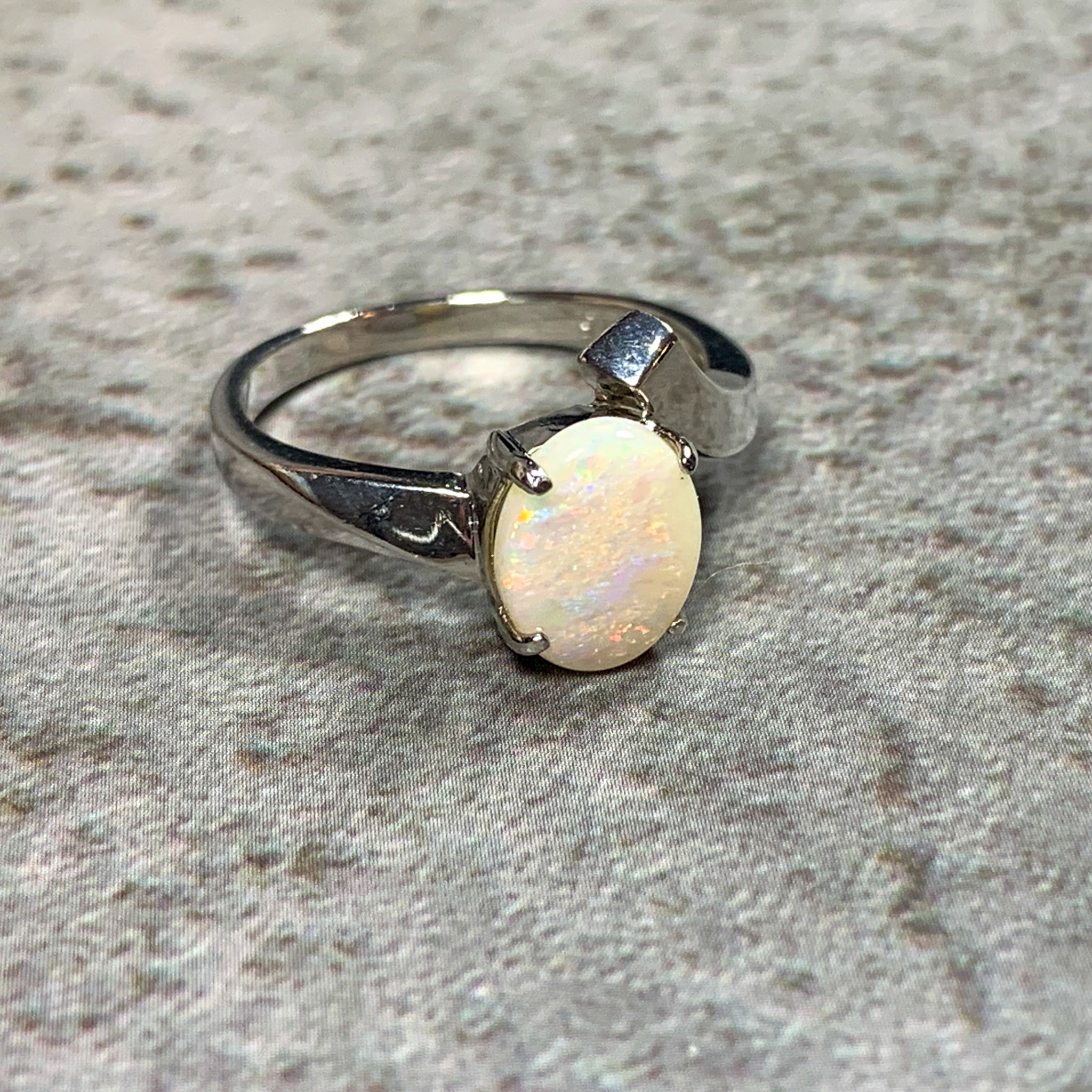 Sterling Silver White Opal split shank slanted ring with Opal 9x7mm - Masterpiece Jewellery Opal & Gems Sydney Australia | Online Shop