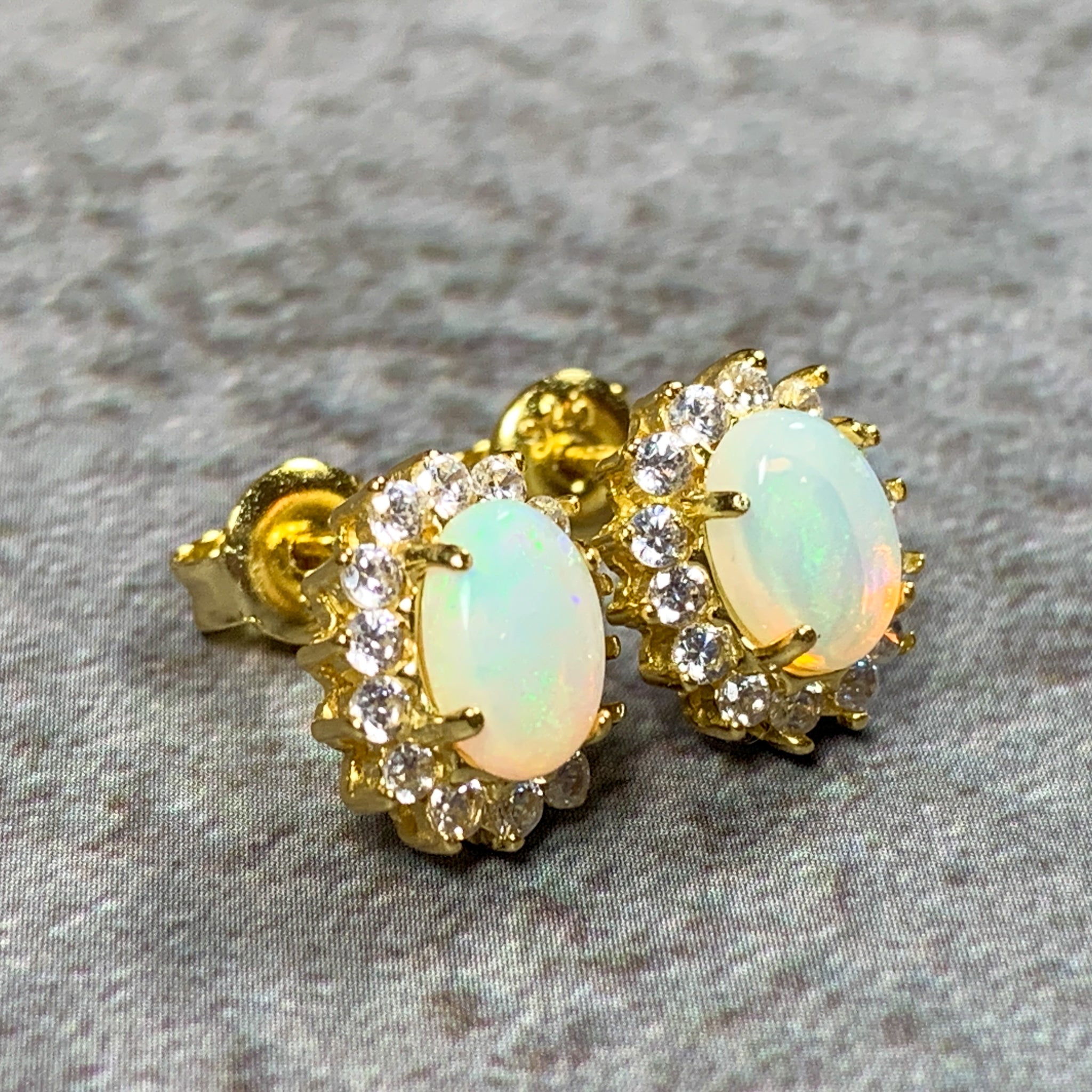 Gold Plated silver cluster 7x5mm White Opal earrings - Masterpiece Jewellery Opal & Gems Sydney Australia | Online Shop