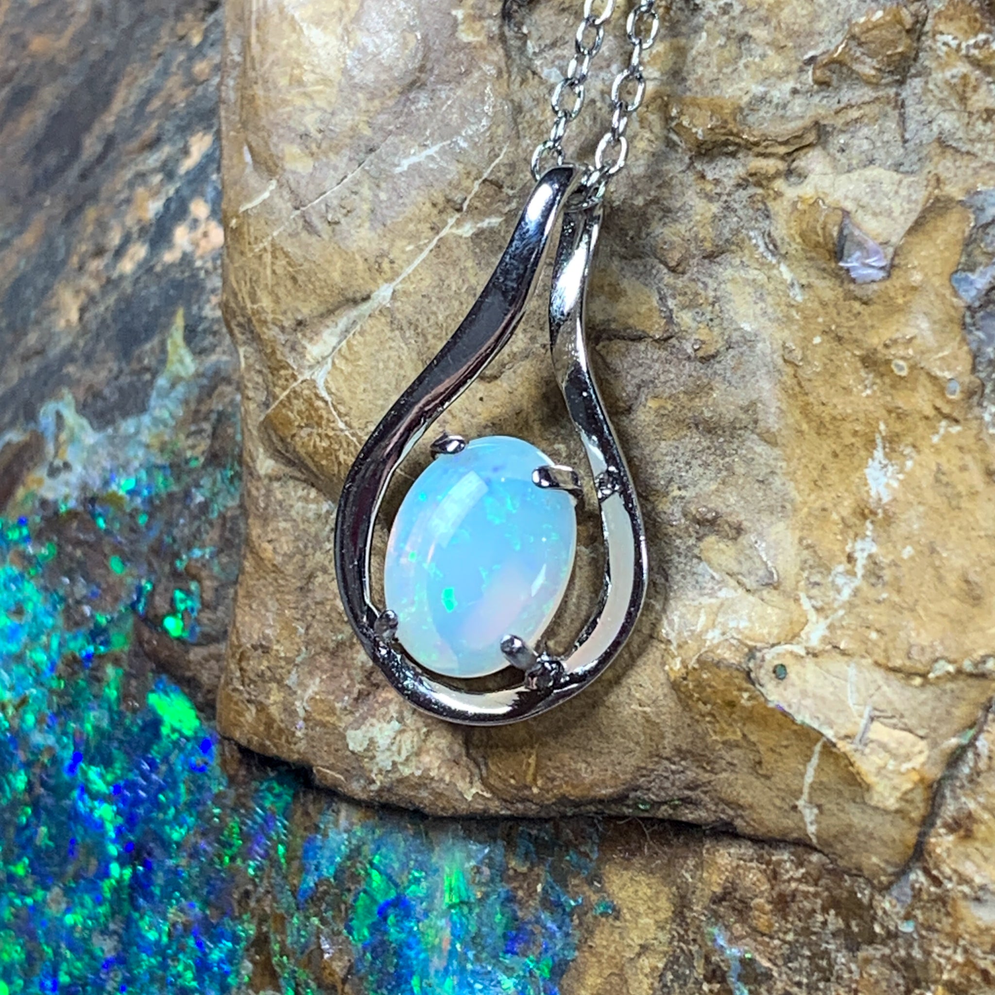 Sterling Silver 8x6mm White Opal Tear drop design pendant - Masterpiece Jewellery Opal & Gems Sydney Australia | Online Shop