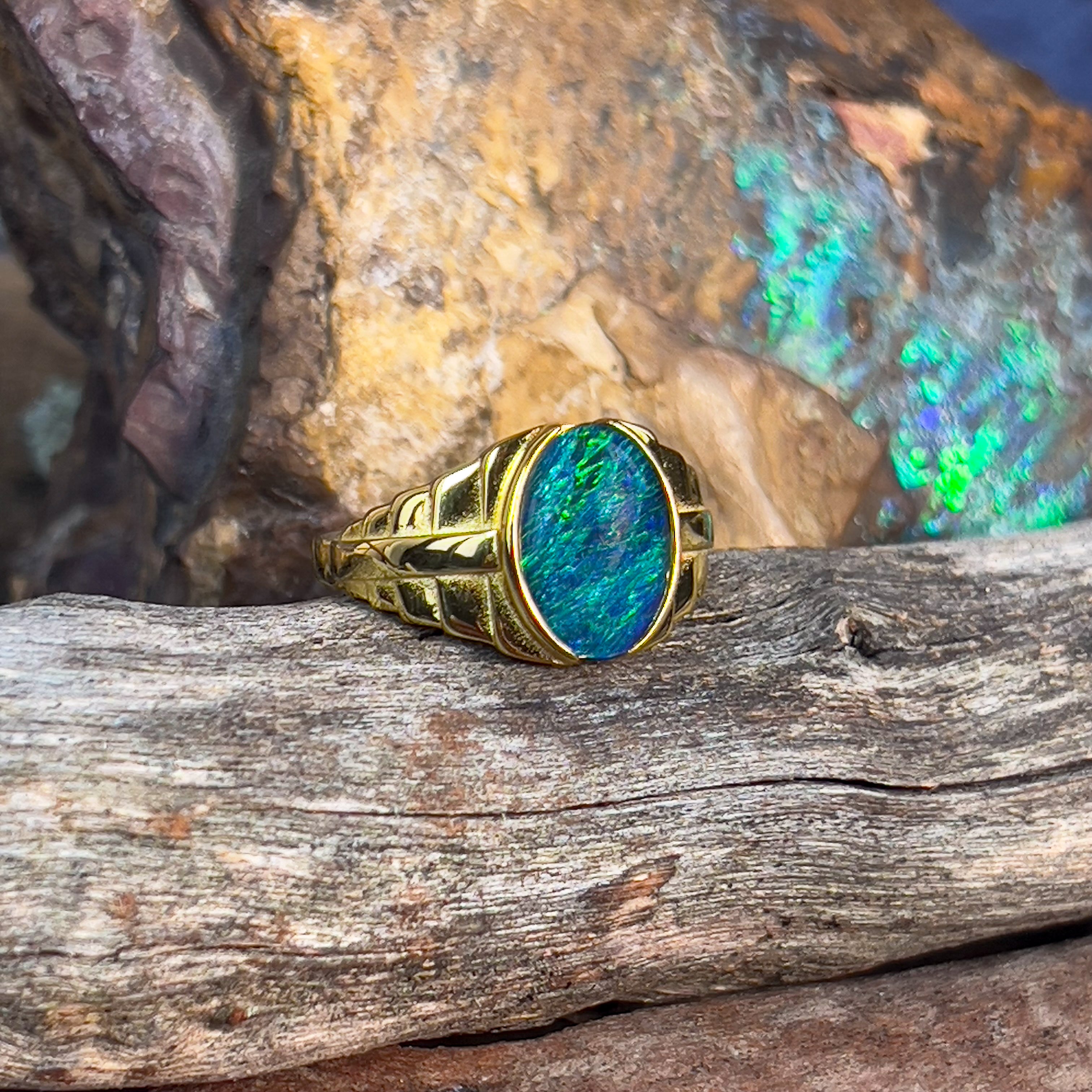 Gold plated Sterling Silver 14x10mm Opal triplet stepped design gents ring - Masterpiece Jewellery Opal & Gems Sydney Australia | Online Shop