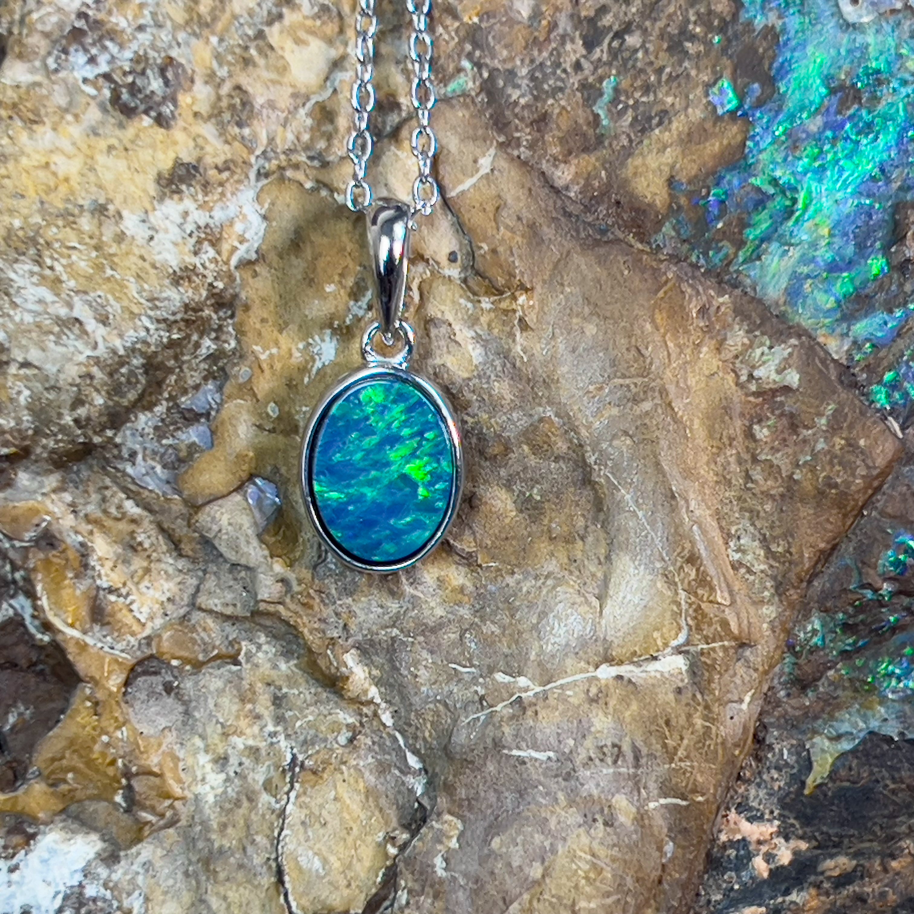 9kt White Gold 8x6mm Opal doublet bezel set pendant - Masterpiece Jewellery Opal & Gems Sydney Australia | Online Shop