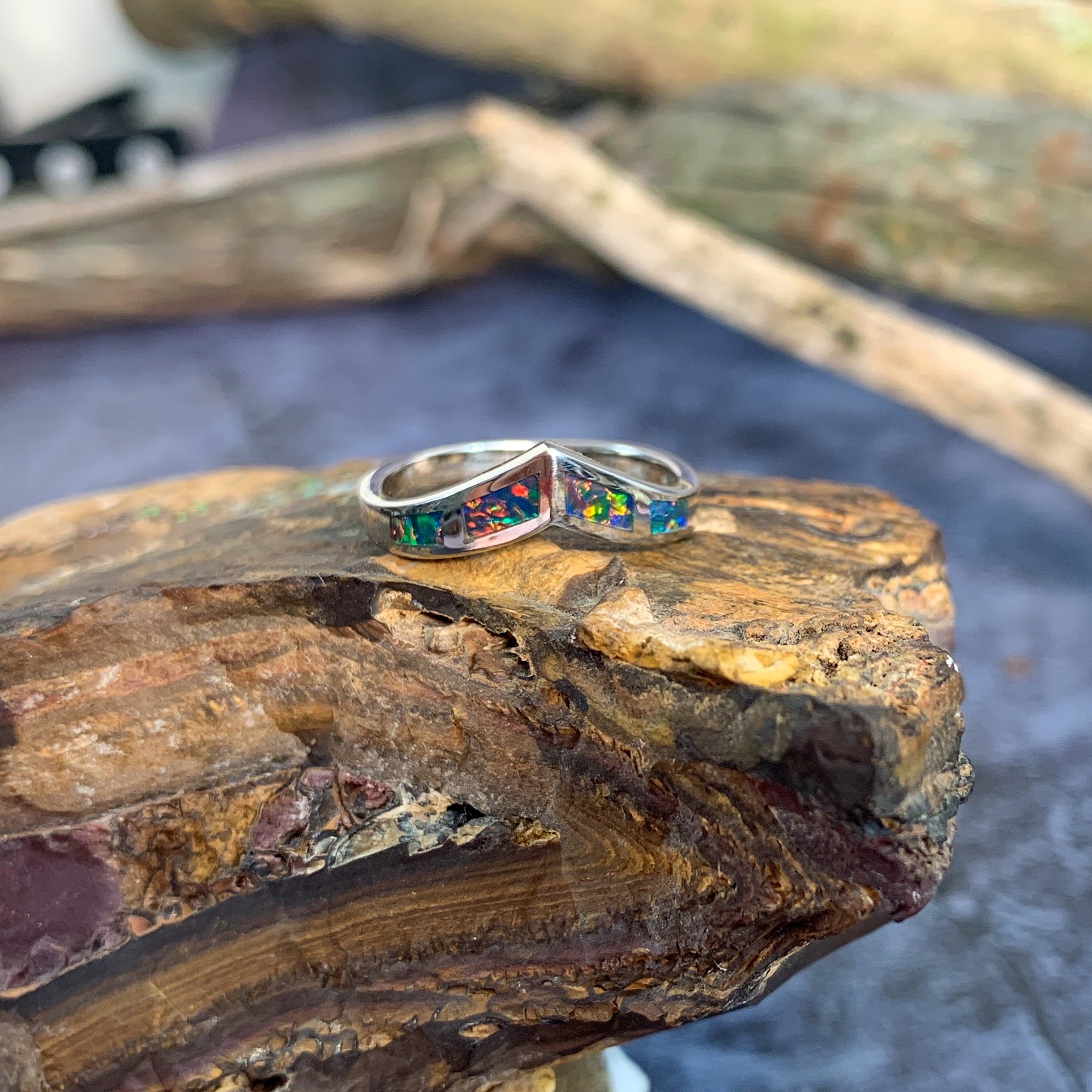 Sterling Silver V-shape inlay Opal band - Masterpiece Jewellery Opal & Gems Sydney Australia | Online Shop
