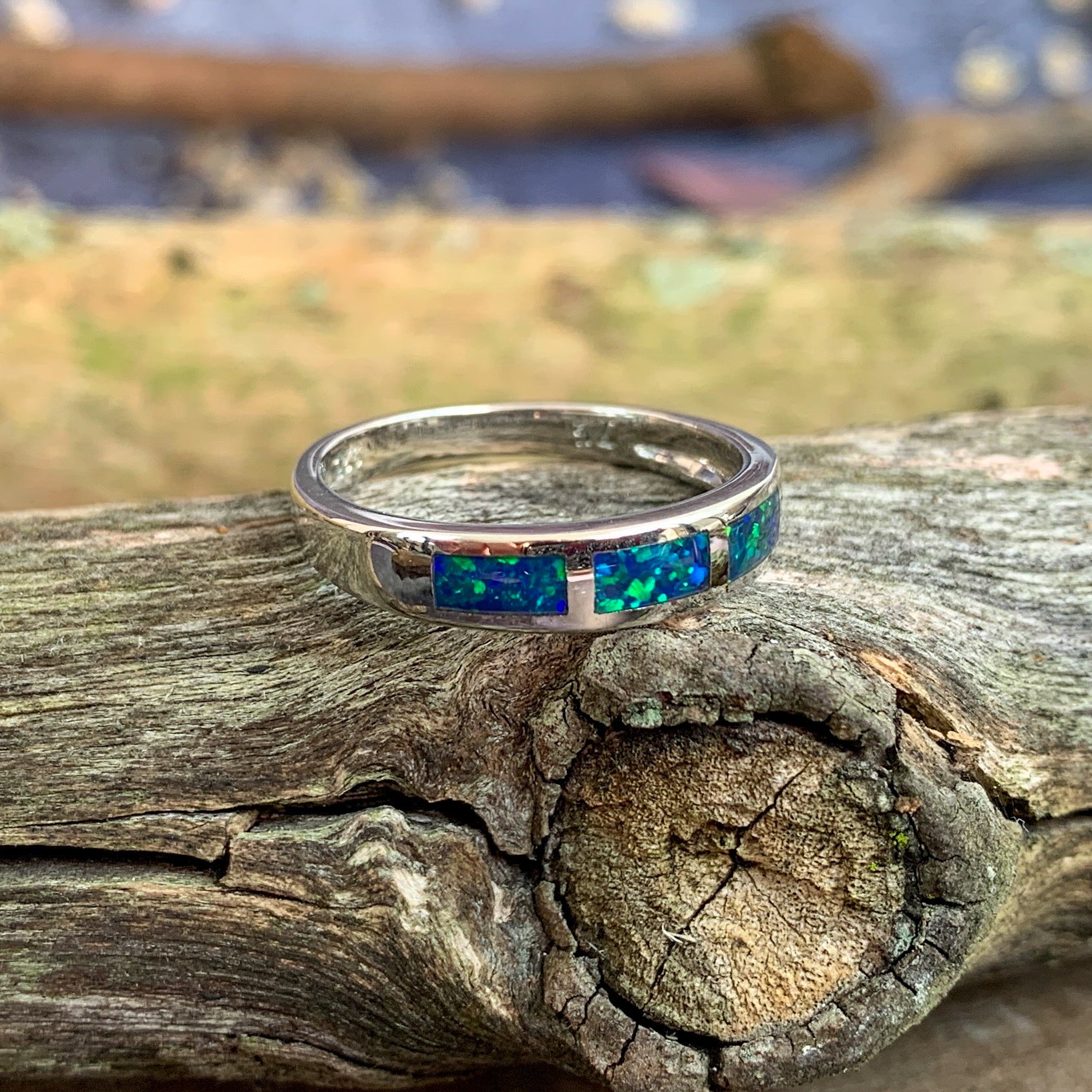 Silver Opal inlay straight band ring - Masterpiece Jewellery Opal & Gems Sydney Australia | Online Shop