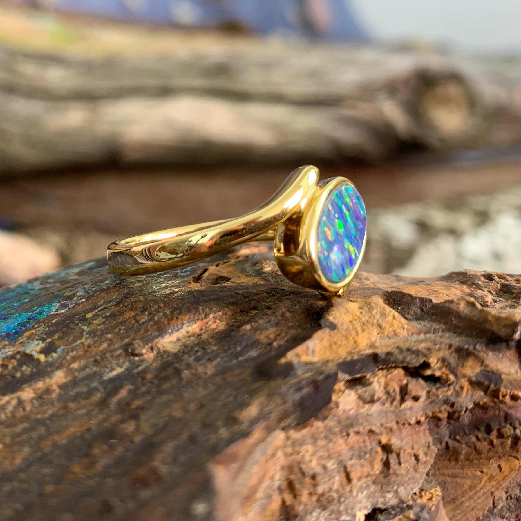 Gold plate sterling silver oval shape opal doublet ring - Masterpiece Jewellery Opal & Gems Sydney Australia | Online Shop