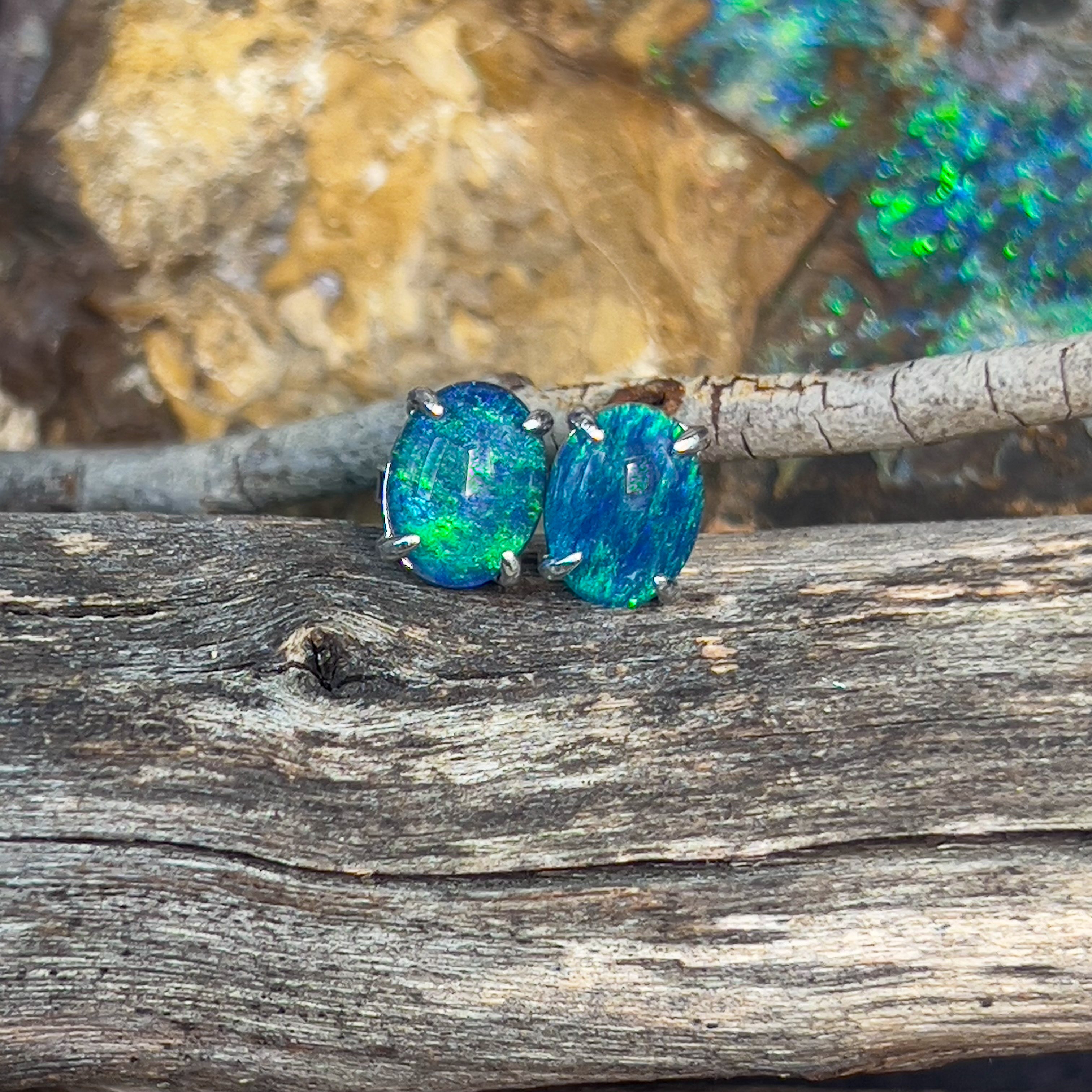 Pair of Sterling Silver 9x7mm Opal triplets claw set - Masterpiece Jewellery Opal & Gems Sydney Australia | Online Shop