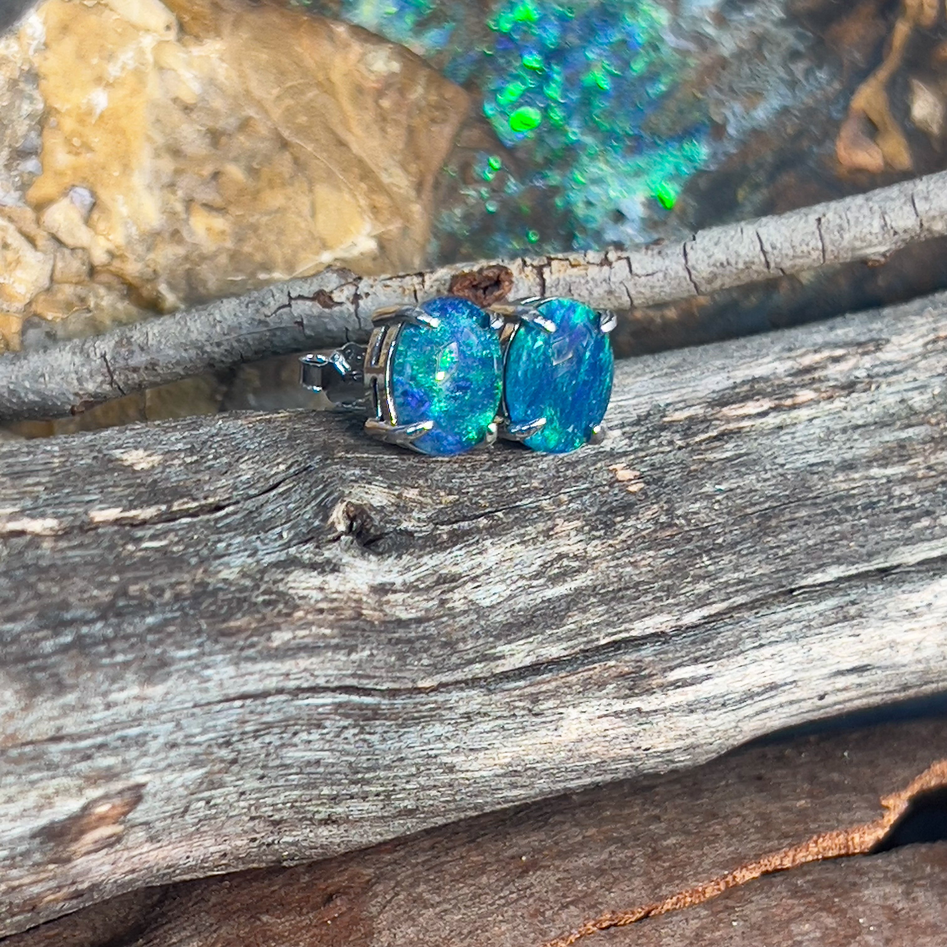 Pair of Sterling Silver 9x7mm Opal triplets claw set - Masterpiece Jewellery Opal & Gems Sydney Australia | Online Shop