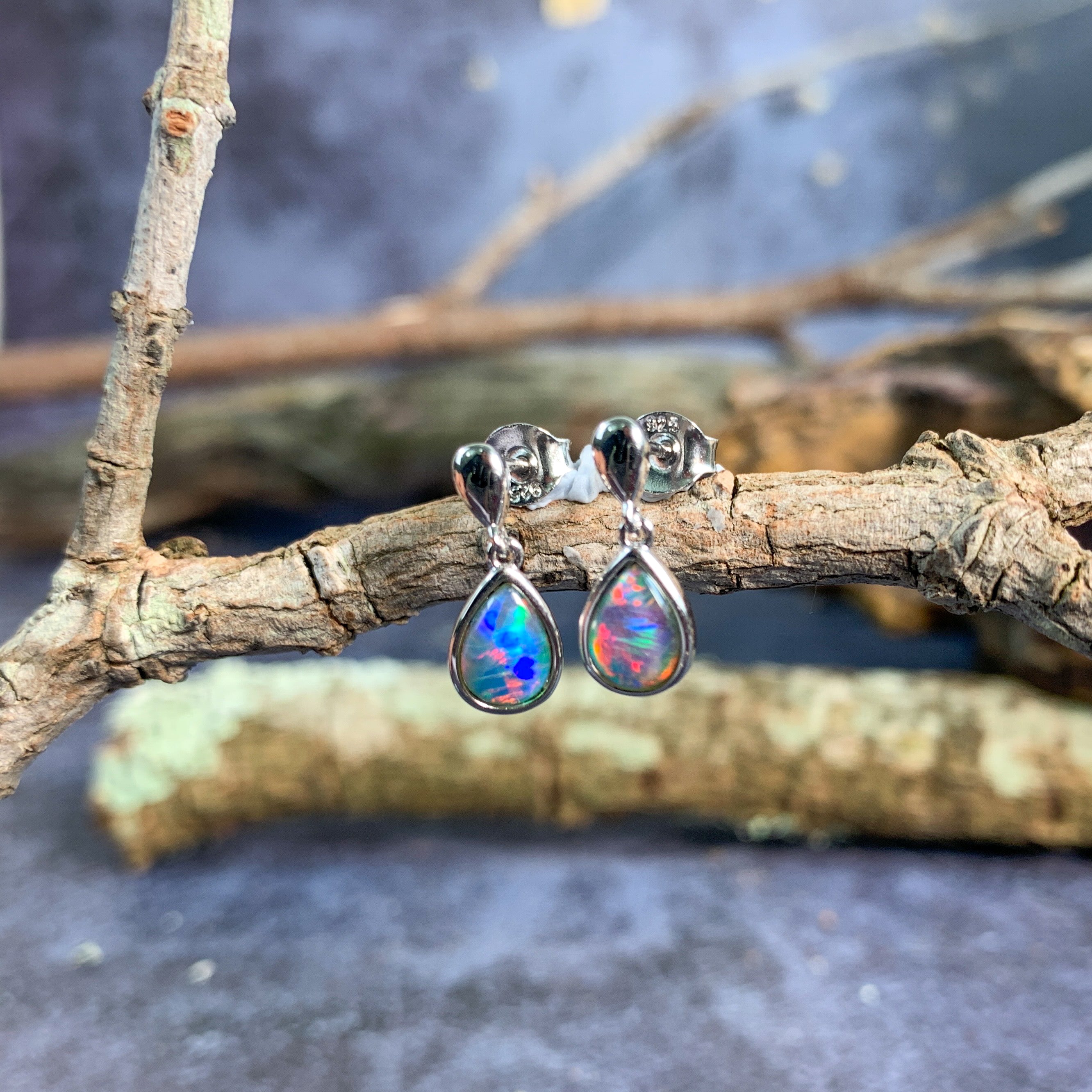 Sterling Silver dangling pear shape 8x5mm earrings Opal triplet - Masterpiece Jewellery Opal & Gems Sydney Australia | Online Shop