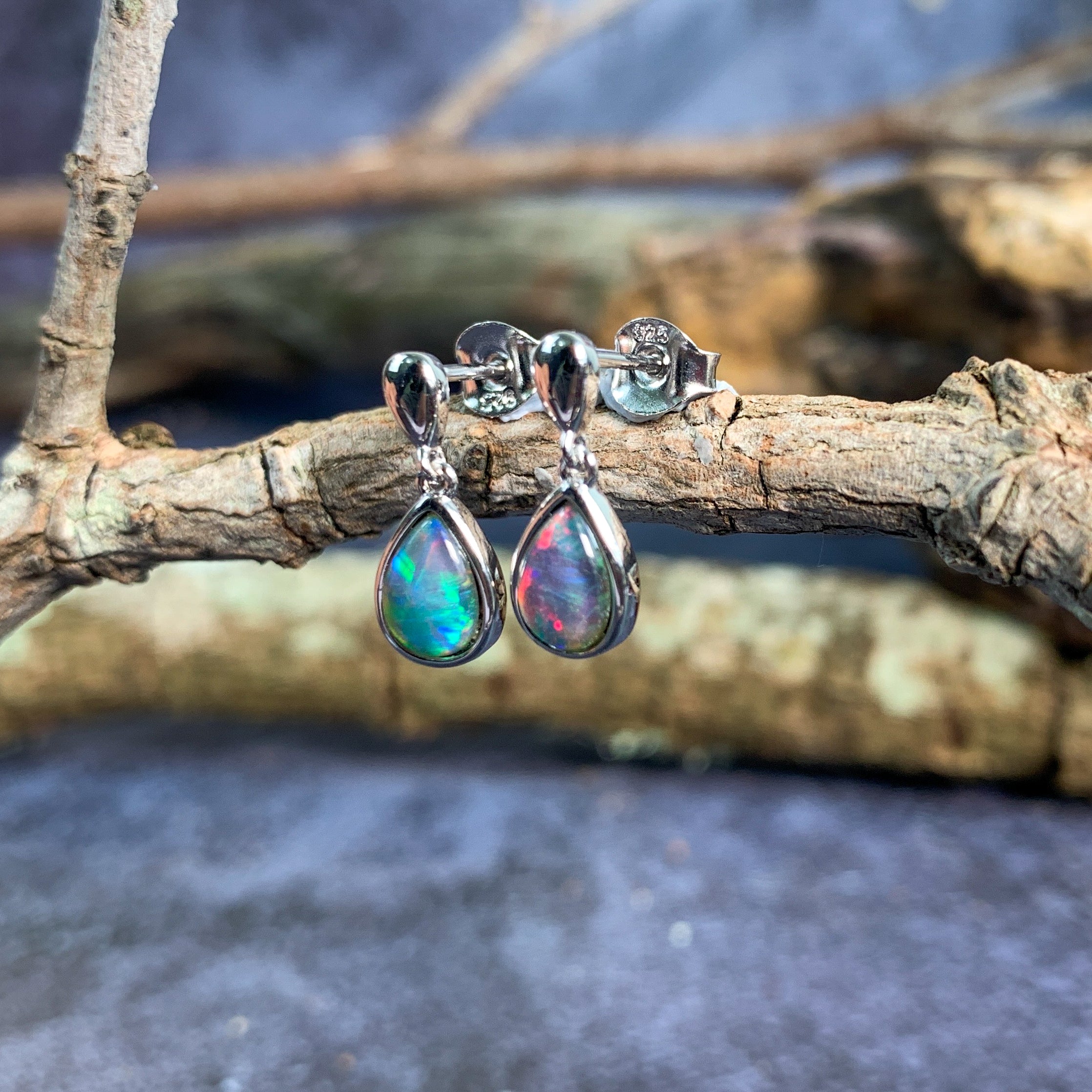 Sterling Silver dangling pear shape 8x5mm earrings Opal triplet - Masterpiece Jewellery Opal & Gems Sydney Australia | Online Shop